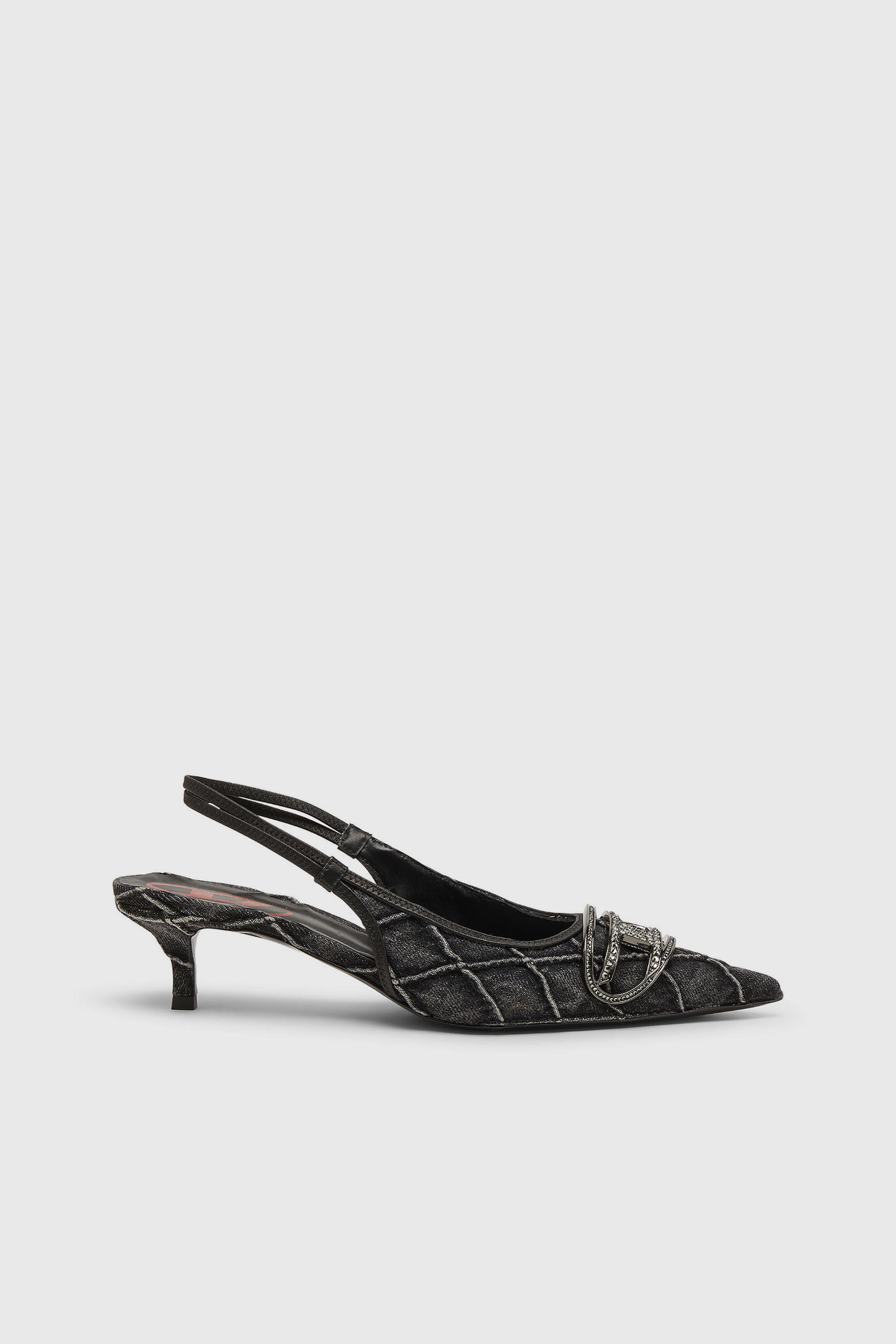 Diesel - D-VENUS SB 40, Woman's D-Venus-Crystal-logo quilted-denim slingback pumps in Black - 1