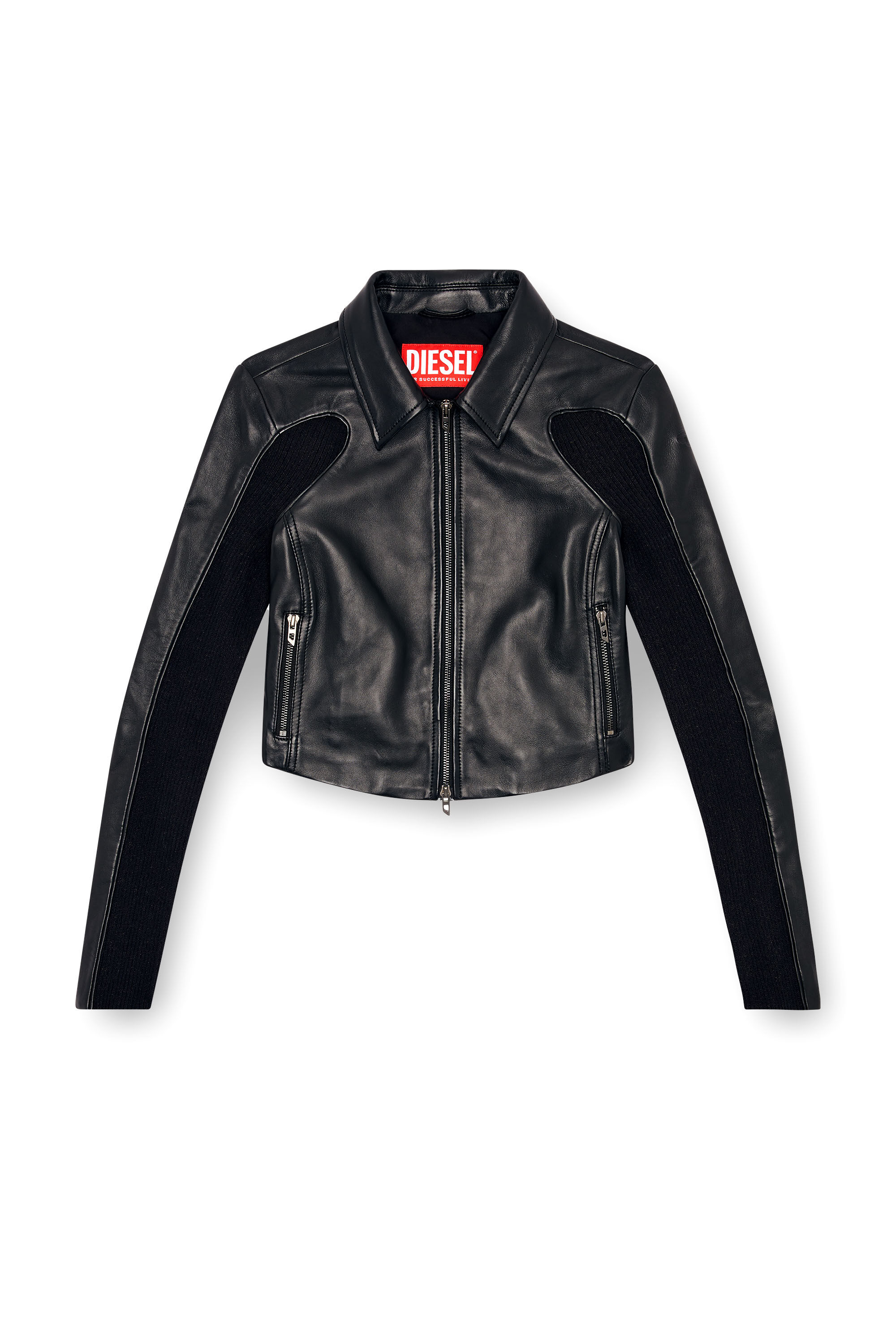 Diesel - L-TOTEM-P1, Woman Cropped leather jacket with knit inserts in Black - Image 2