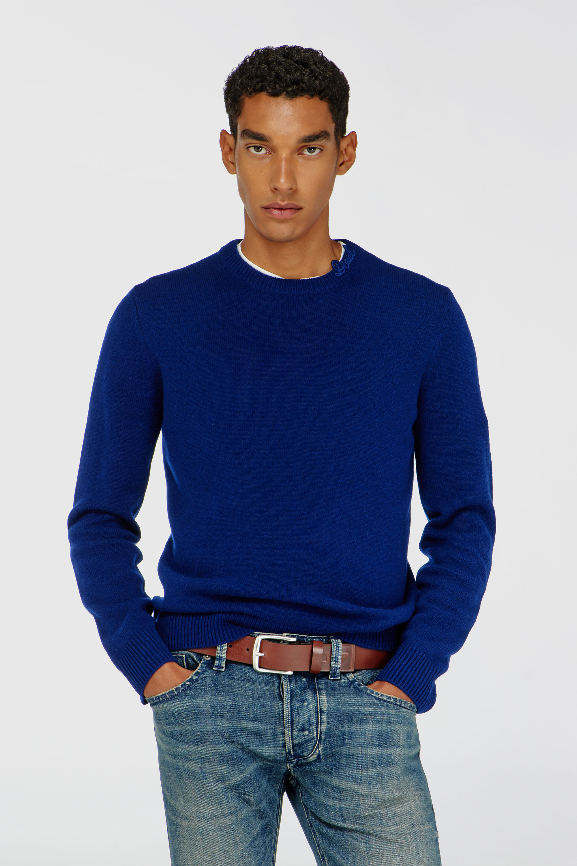 Diesel - K-IMBRO, Man's Wool jumper with neck logo in Blue - 2