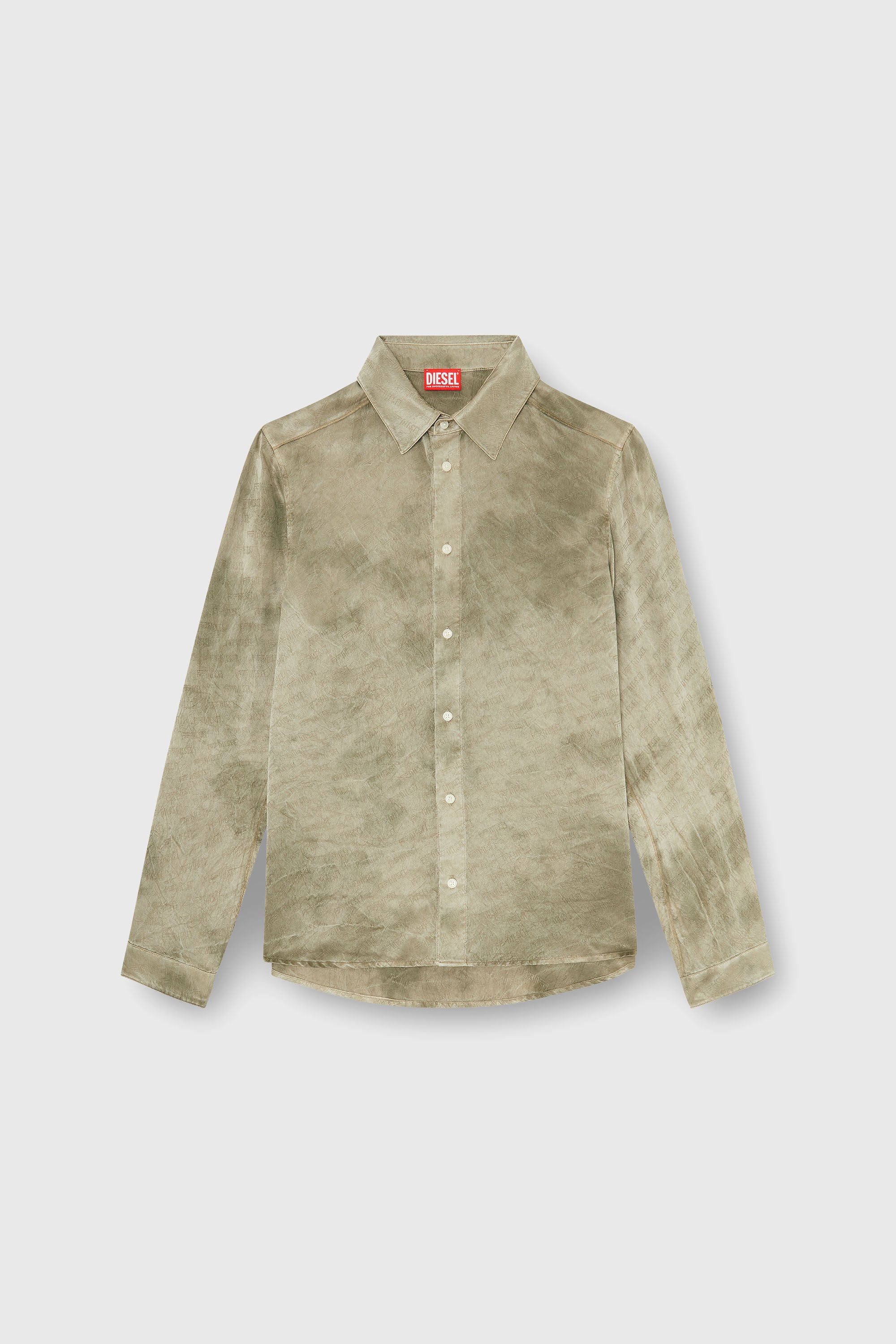 Diesel - S-KISSY-HNBW, Man's Shirt in logo-jacquard crinkled satin in Light Brown - 2
