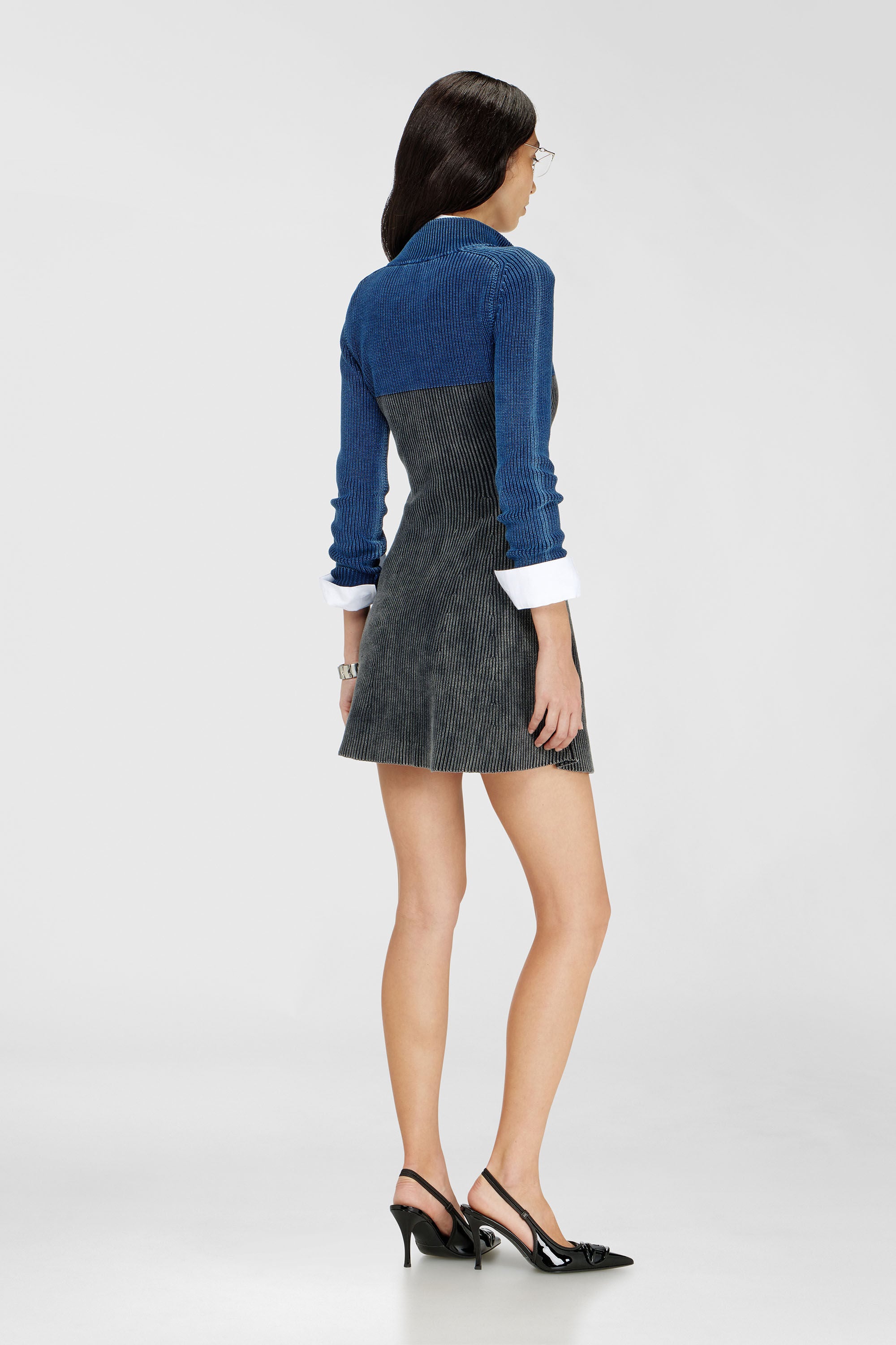 Diesel - M-HERMOSA, Woman's Rib-knit mini dress with two-tone denim effect in Blue/Black - 3