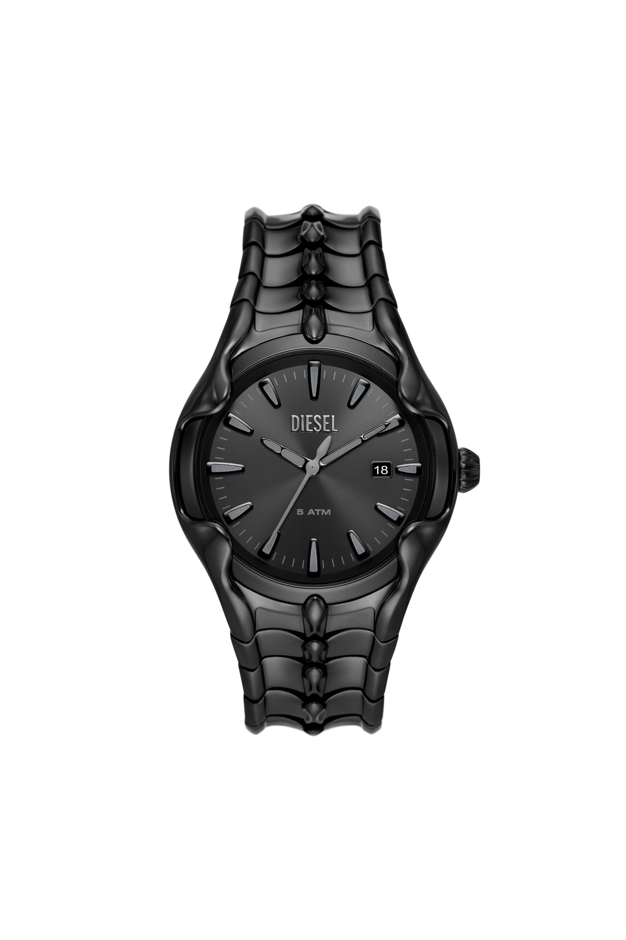 Men s Vert Three Hand Date Black Stainless Steel Watch Black Diesel