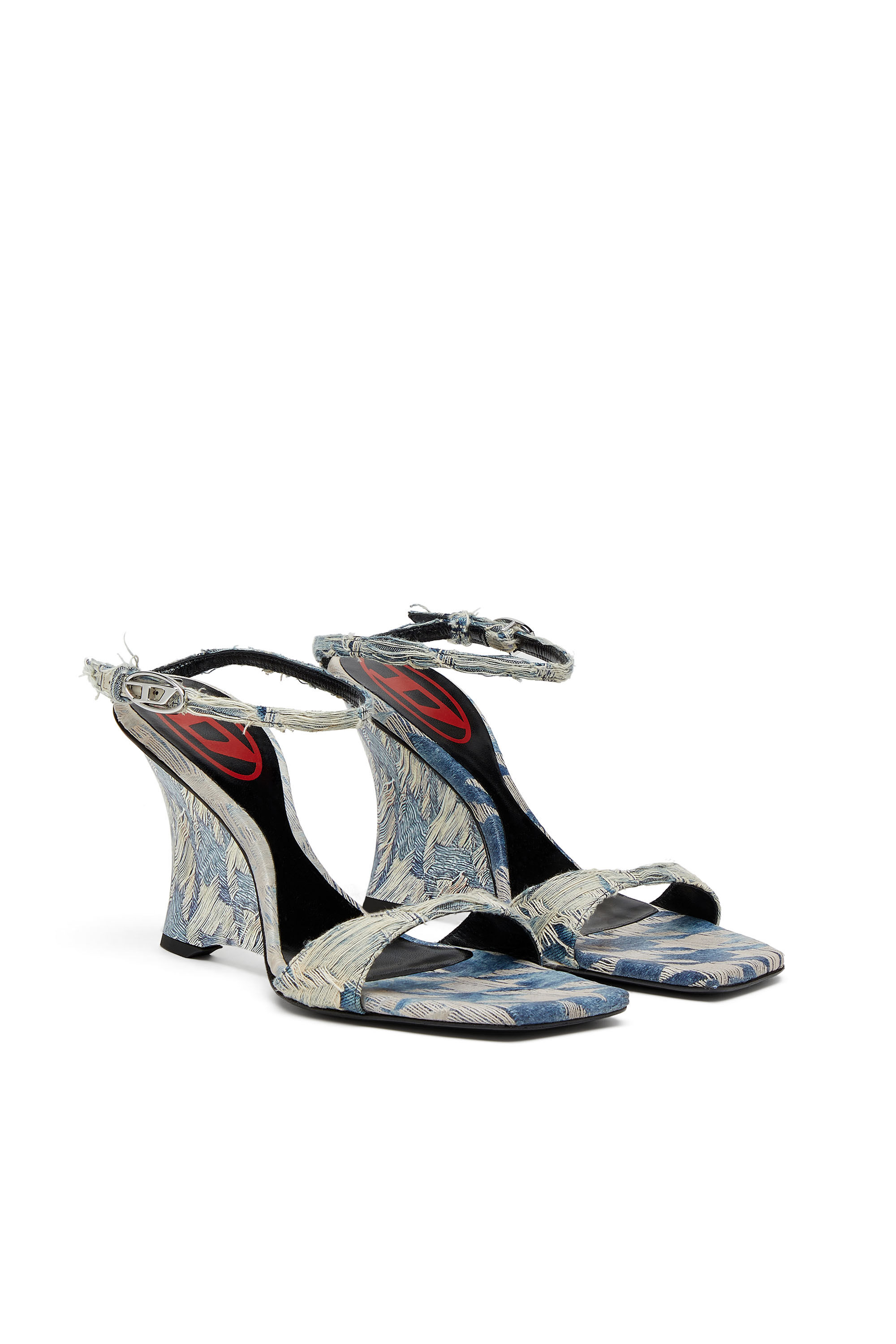 Diesel - D-AMBER SANDAL WEDGE, Woman's D-Amber-Wedge sandals in jacquard denim in Light Blue - 1