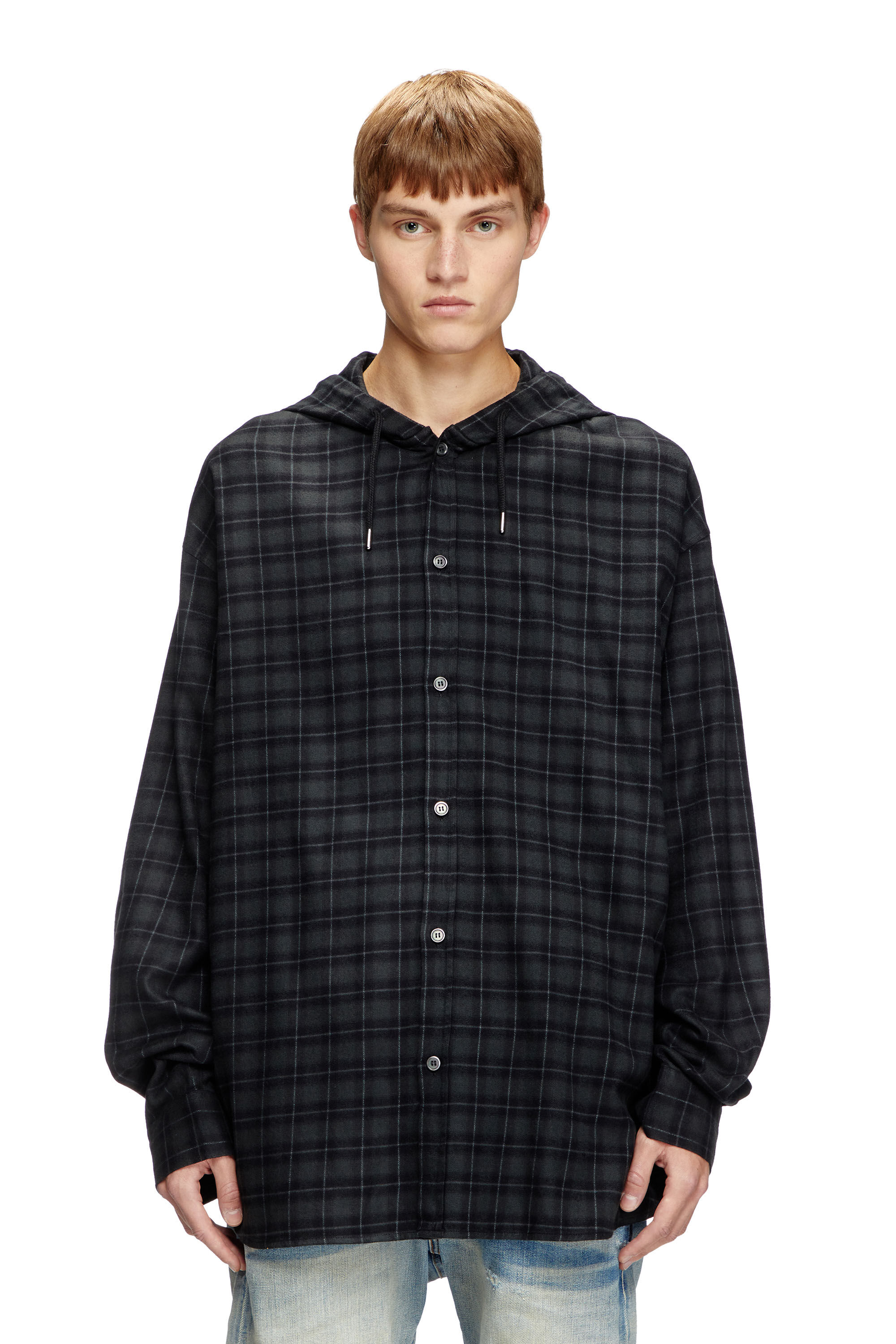 Diesel - S-DEWNY-HOOD-B, Man's Hooded shirt in check flannel in Black - 3