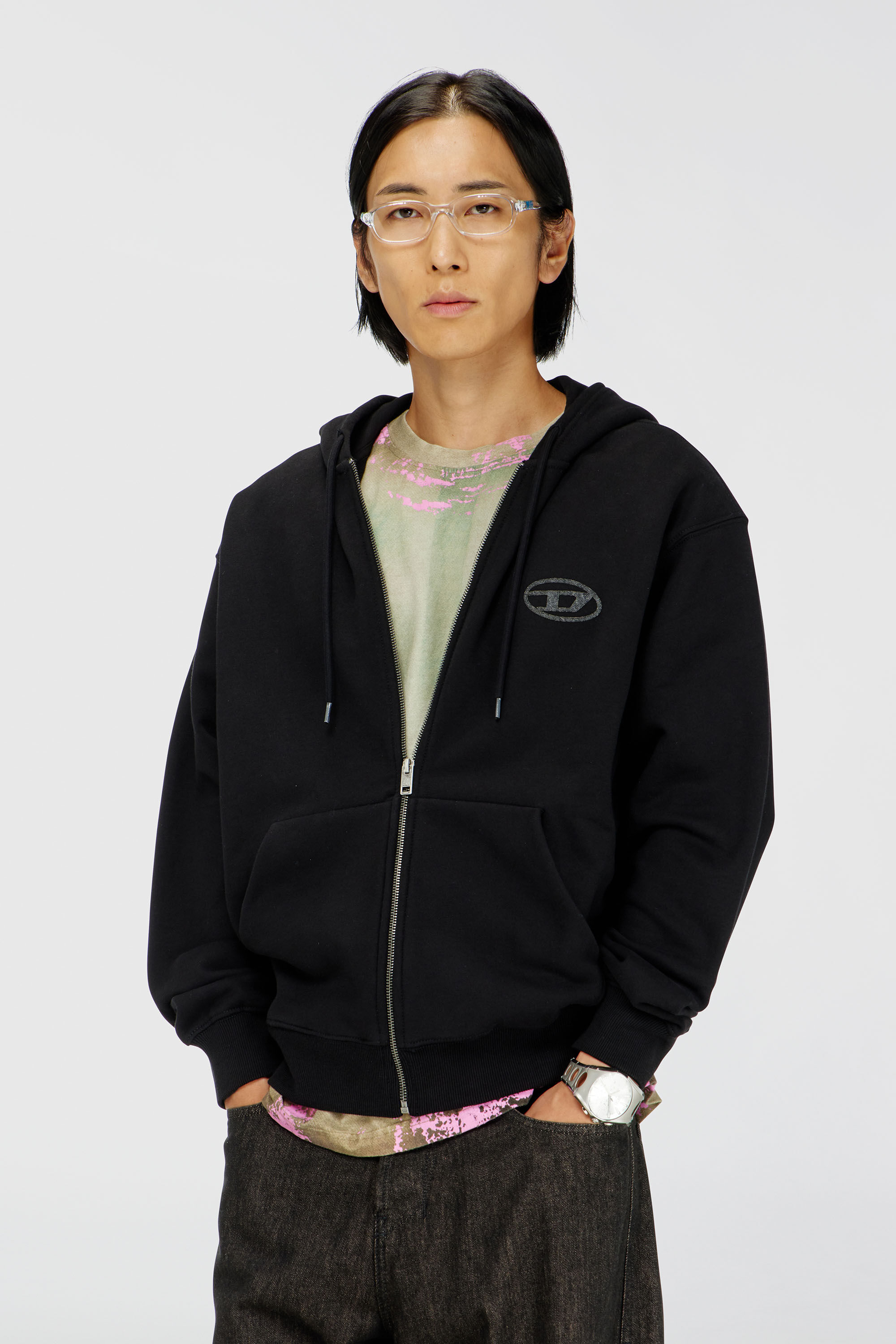 Diesel - S-LUK-HZ-T92, Man's Cotton hoodie with tonal Oval D logo embroidery in Black - 3