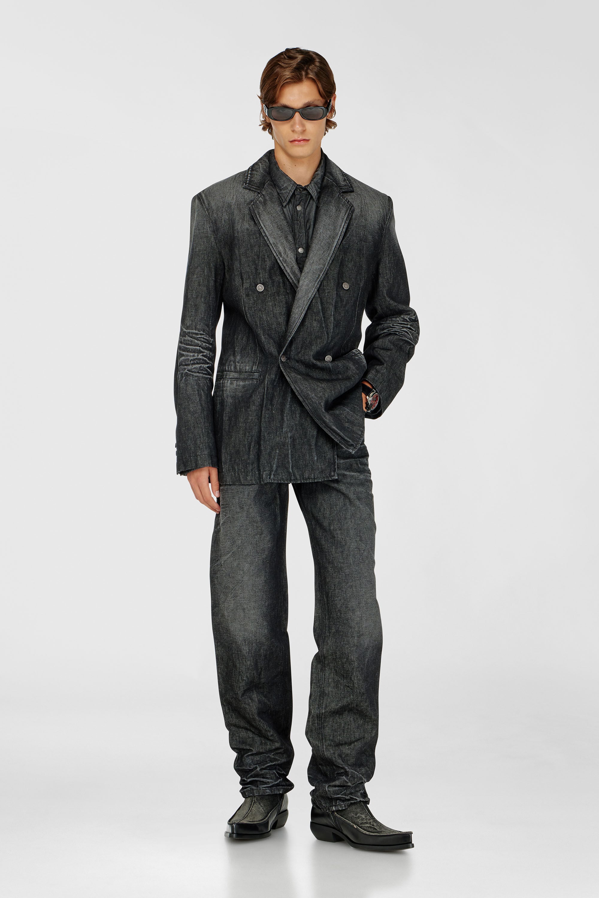 Diesel - D-KOT-FSJ, Man's Double-breasted blazer in creased denim in Black/Dark grey - 1