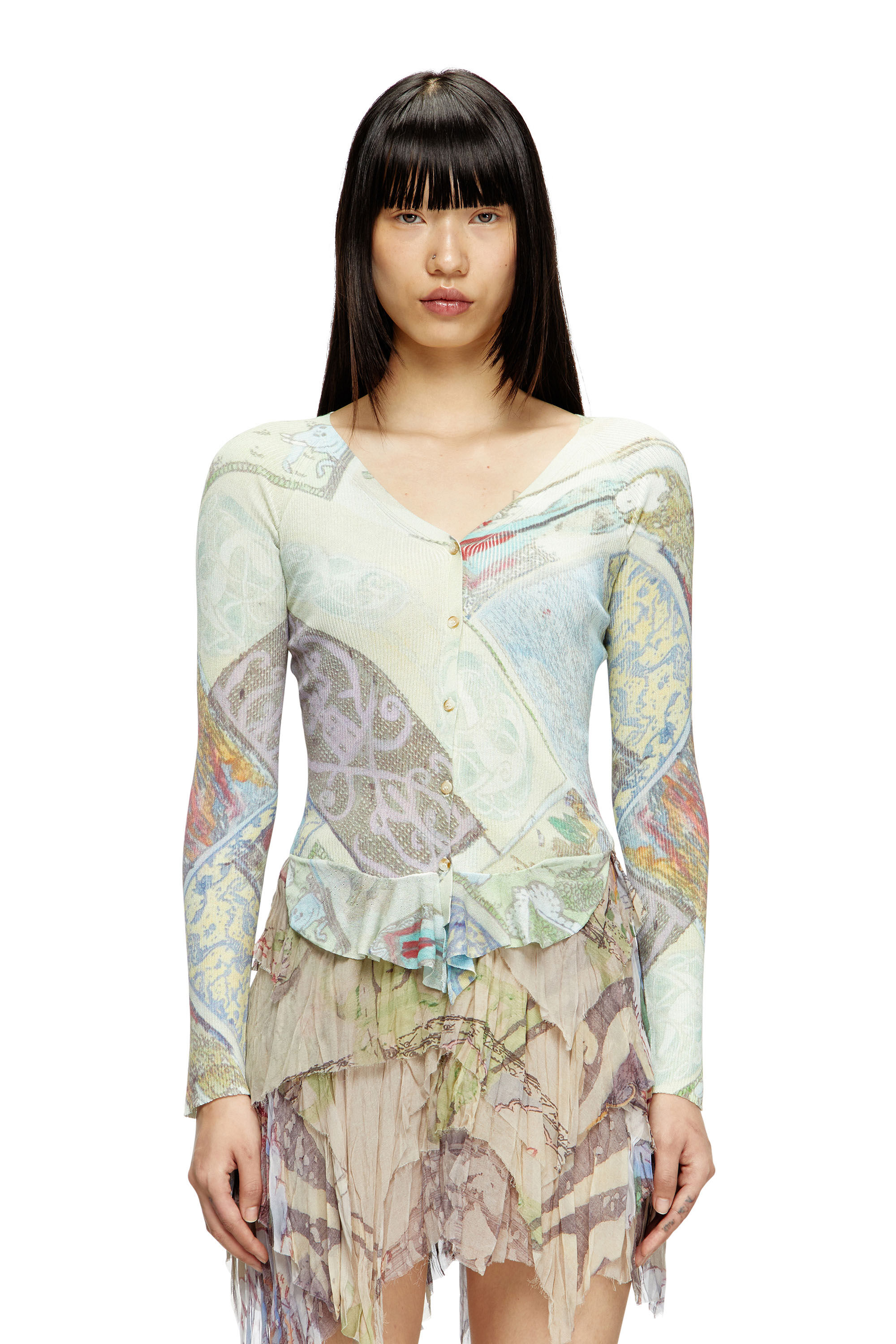 Diesel - M-FIORINA, Woman's Cropped cardigan with medieval print in Blue/Green - 3
