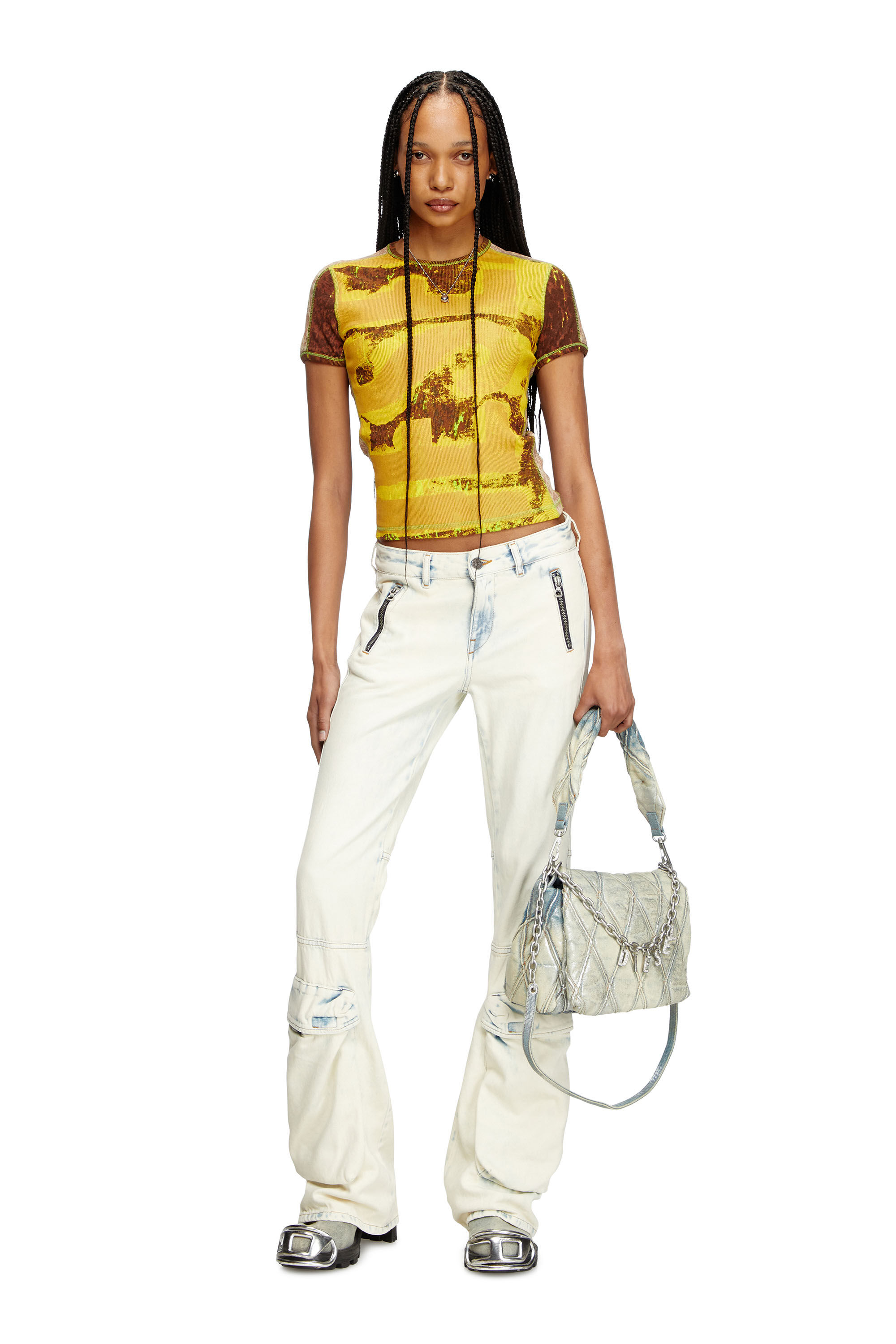 Diesel - CHARM-D SHOULDER M, Woman's Charm-D M-Shoulder bag in metallic quilted denim in Light Blue - 6