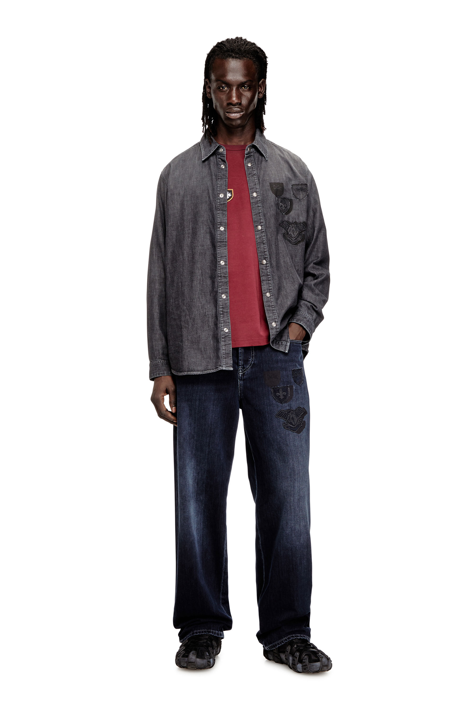 Diesel - D-SIMPLY-S15, Man's Denim shirt with back embroidery in Grey - 1