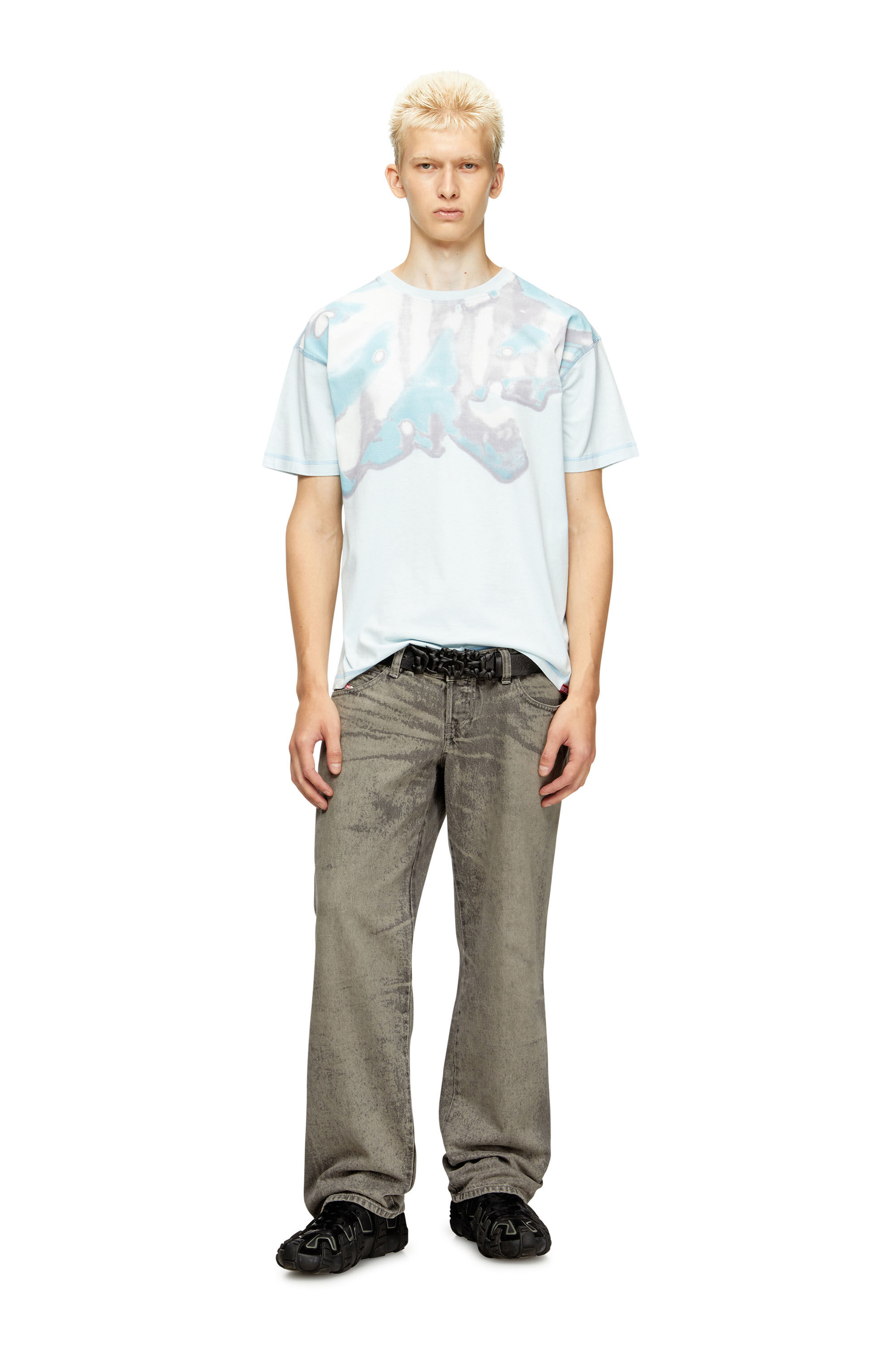 Diesel - T-GASPARD-IHBJ, Man's T-shirt with faded graphic print in Light Blue - 1