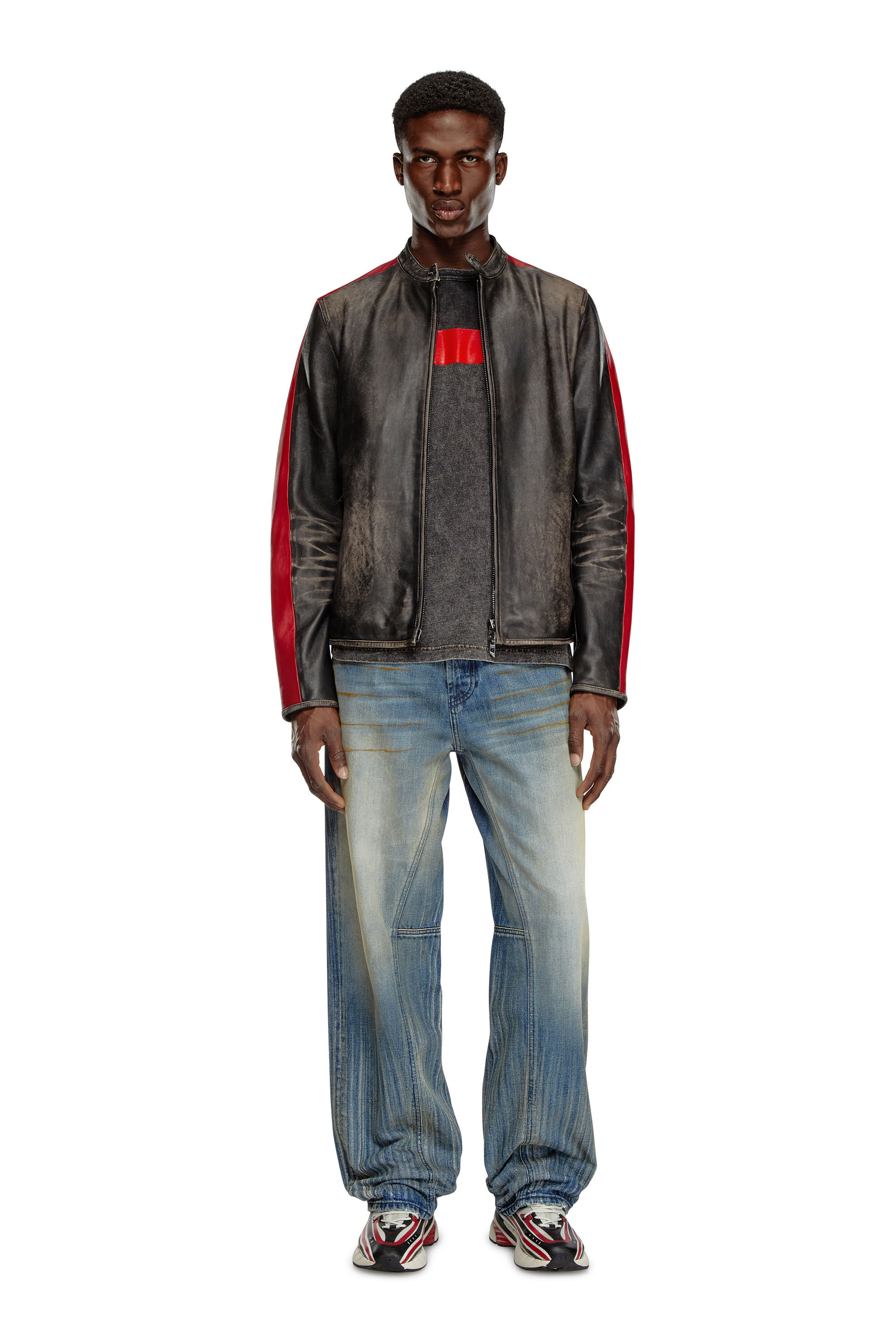 Diesel - L-RENN, Man Leather jacket with contrasting stripes in Multicolor - Image 1
