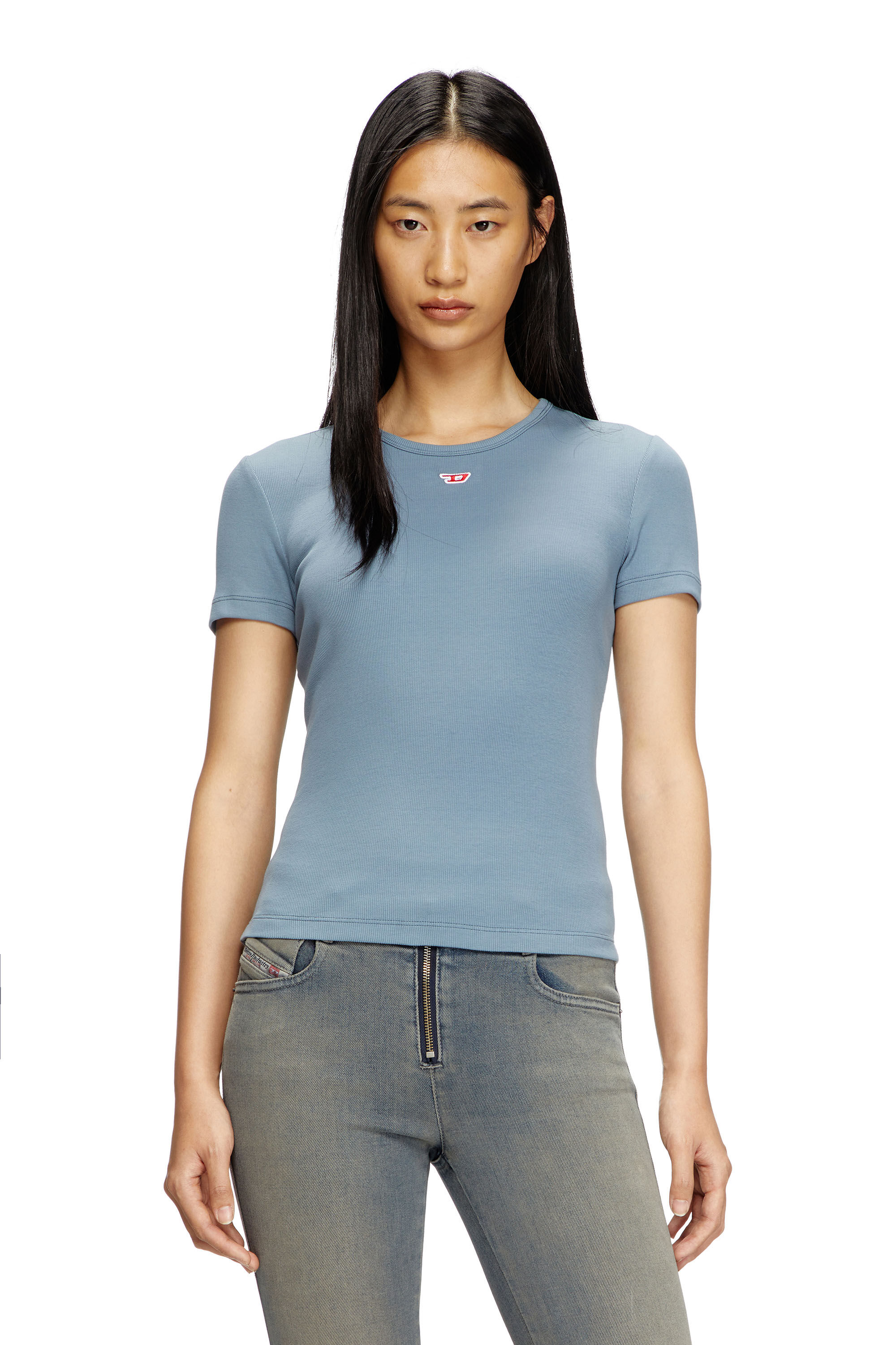 Diesel - T-ELE-LONG-D, Woman's T-shirt with D logo patch in Light Blue - 3