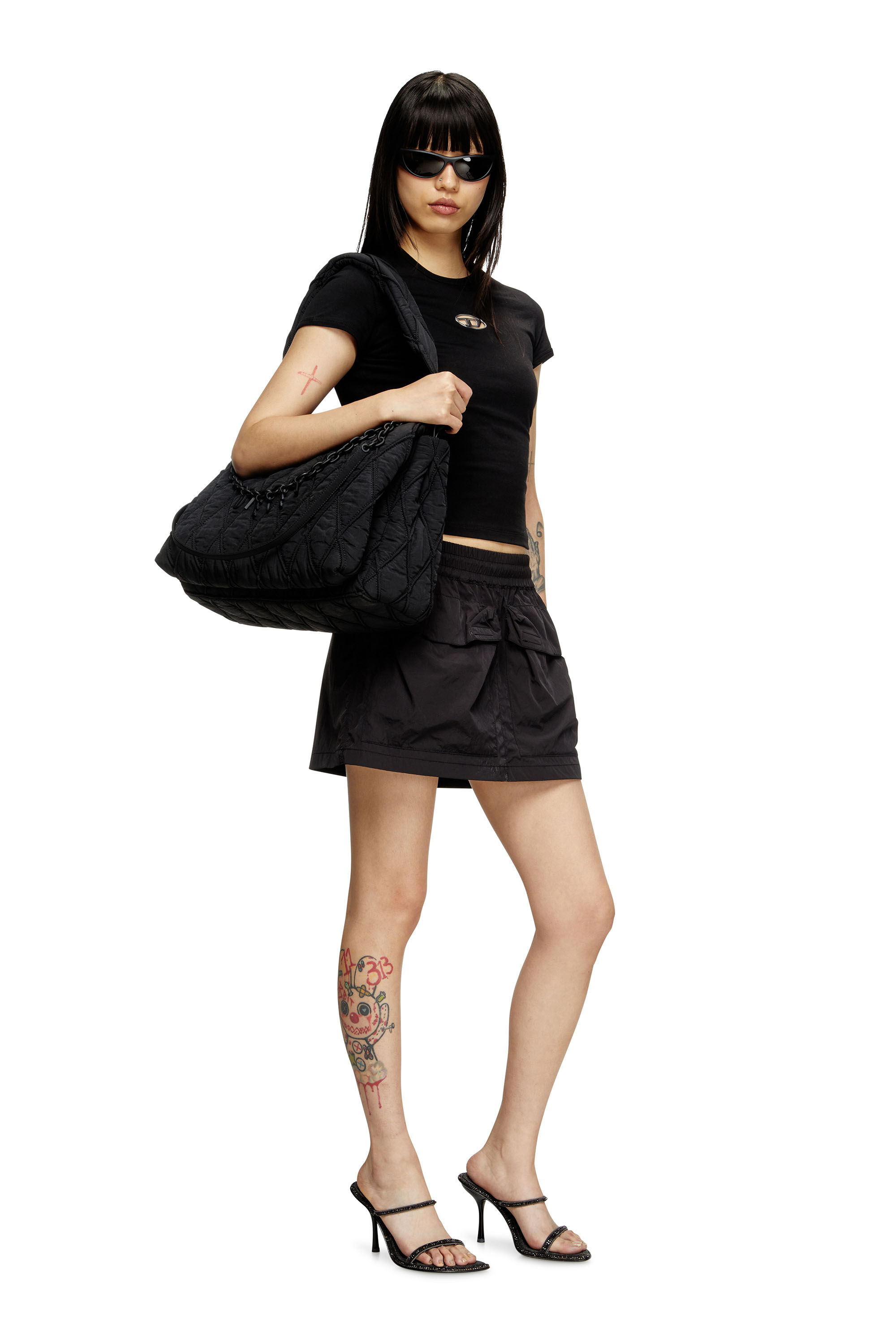 Diesel - CHARM-D SHOULDER L, Woman's Shoulder bag in quilted washed nylon in Black - 6
