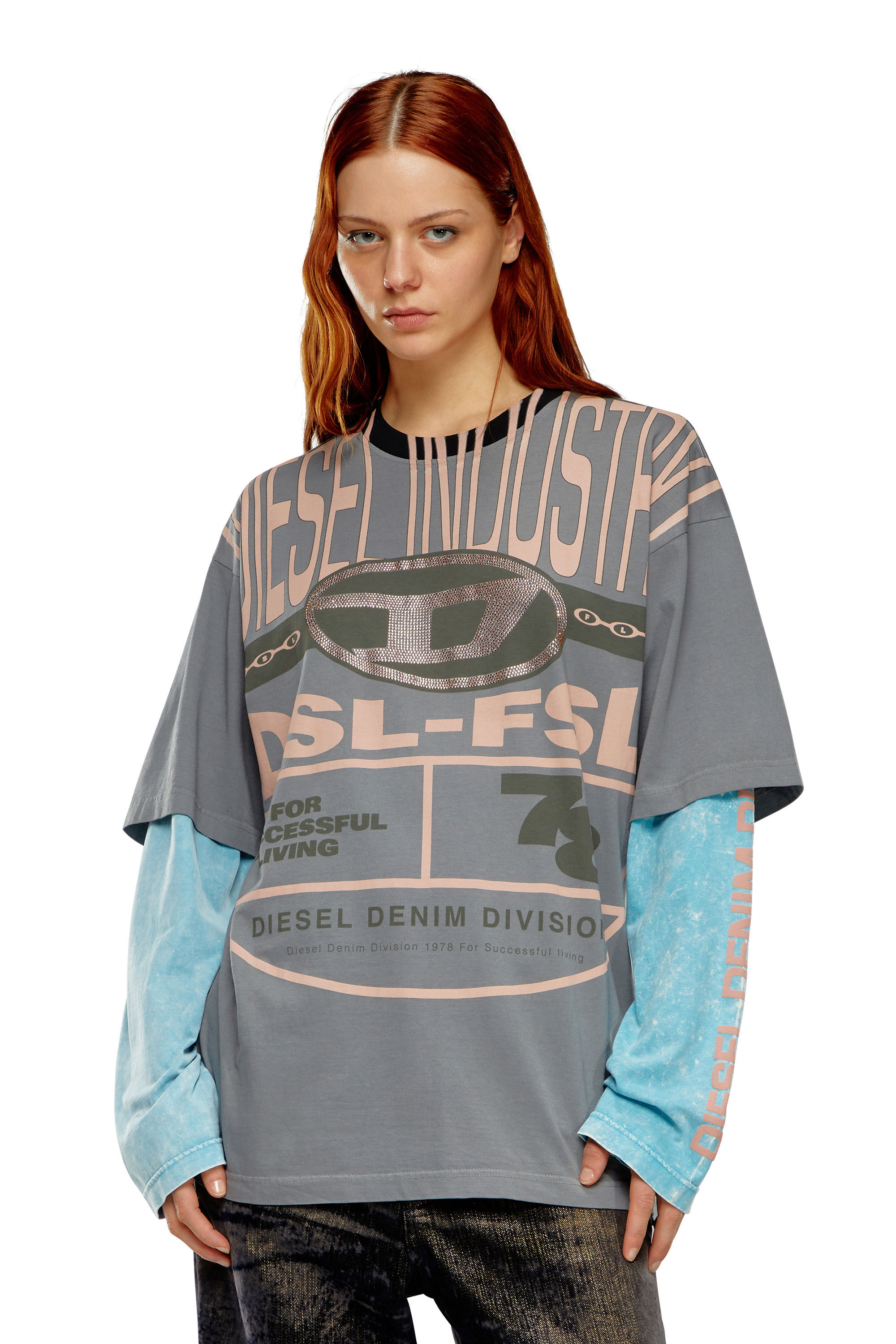 Diesel - T-BUXT-LS-N1, Woman Layered T-shirt with rhinestone Oval D in Multicolor - Image 3