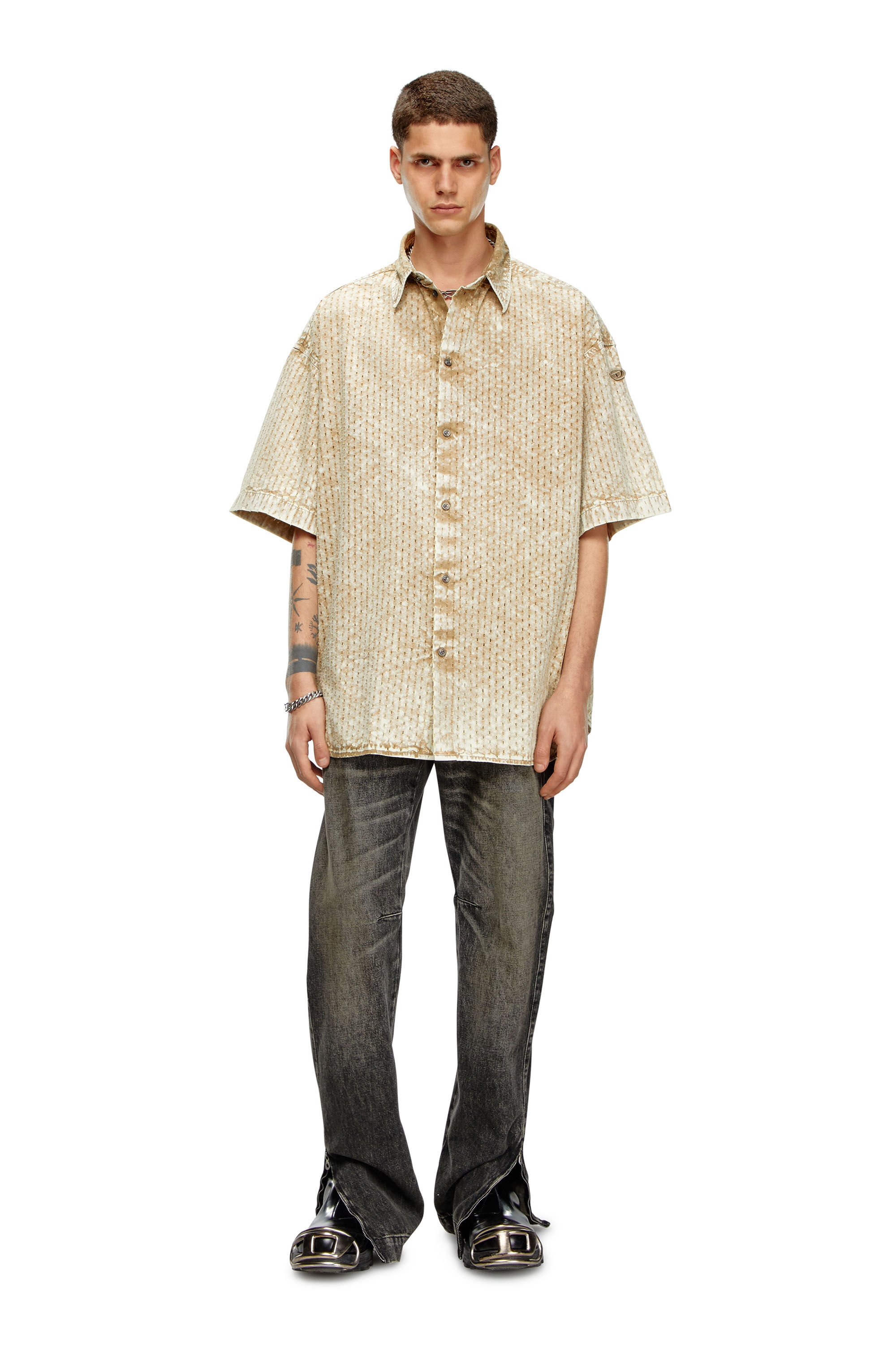 Diesel - S-LAZER, Man Perforated acid-wash short-sleeve shirt in Brown - Image 3