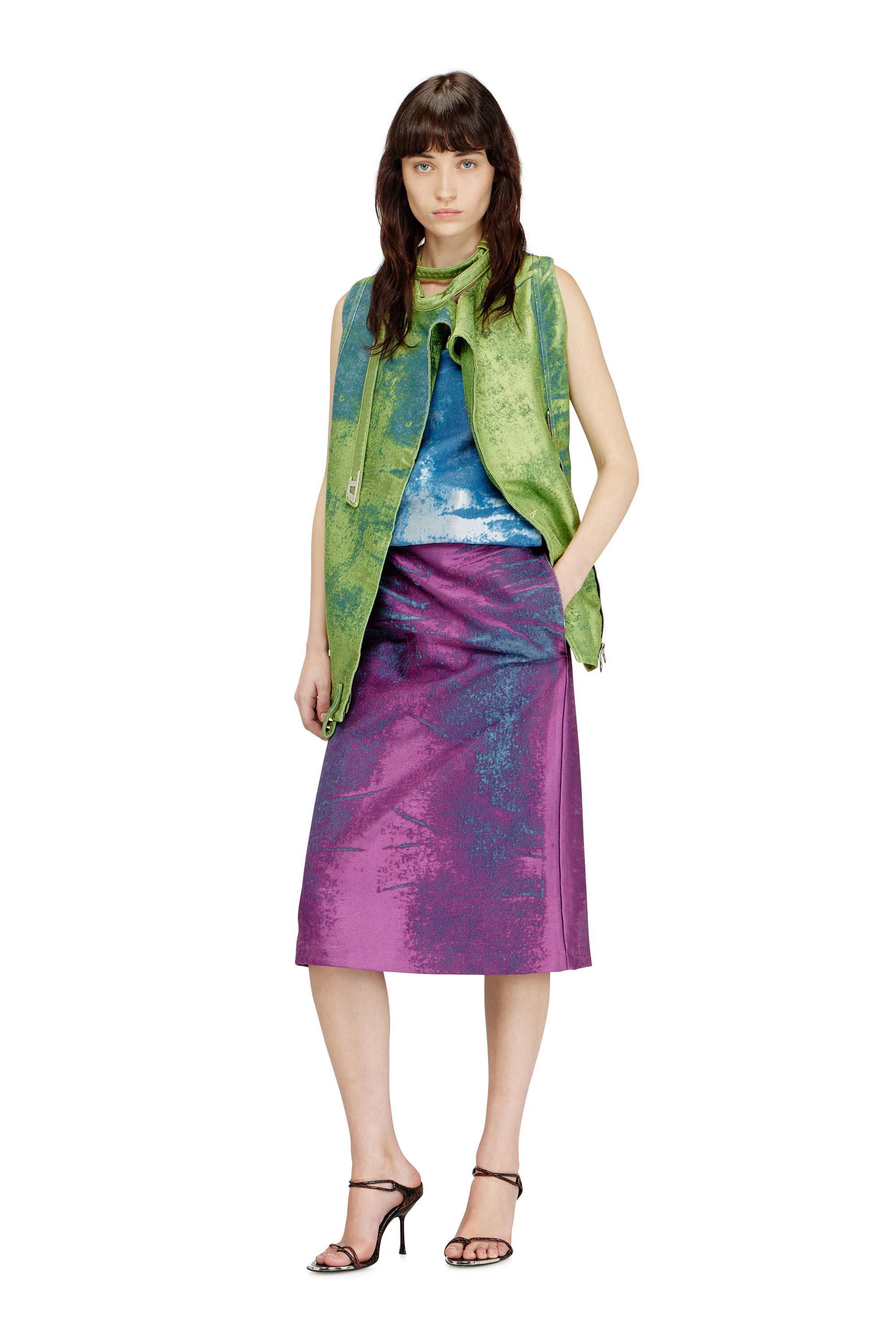 Diesel - DE-VANTOS-FSI, Woman's Belted vest in coloured satin denim in Green - 1