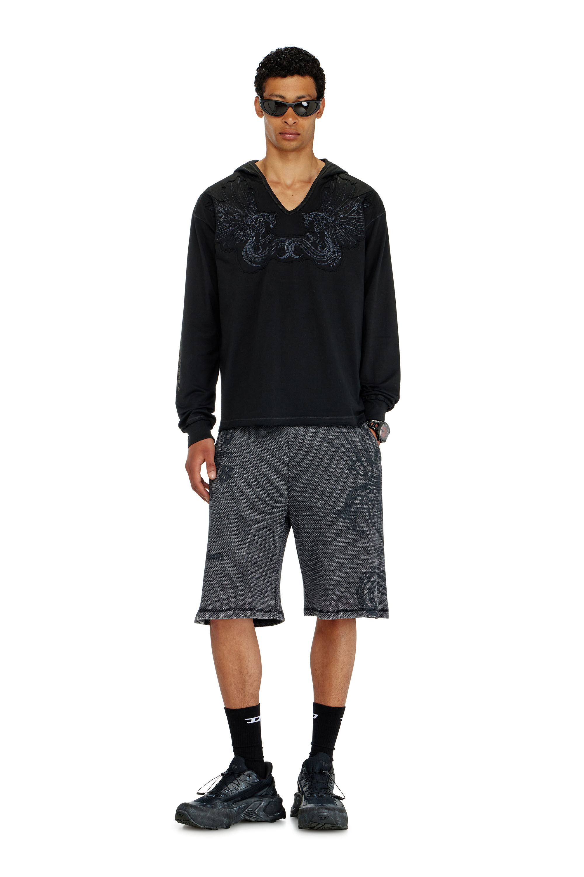 Diesel - T-PHEN-LS-HOOD-RIB, Man's Hoodie with V-neck and embroidered front in Black - 1