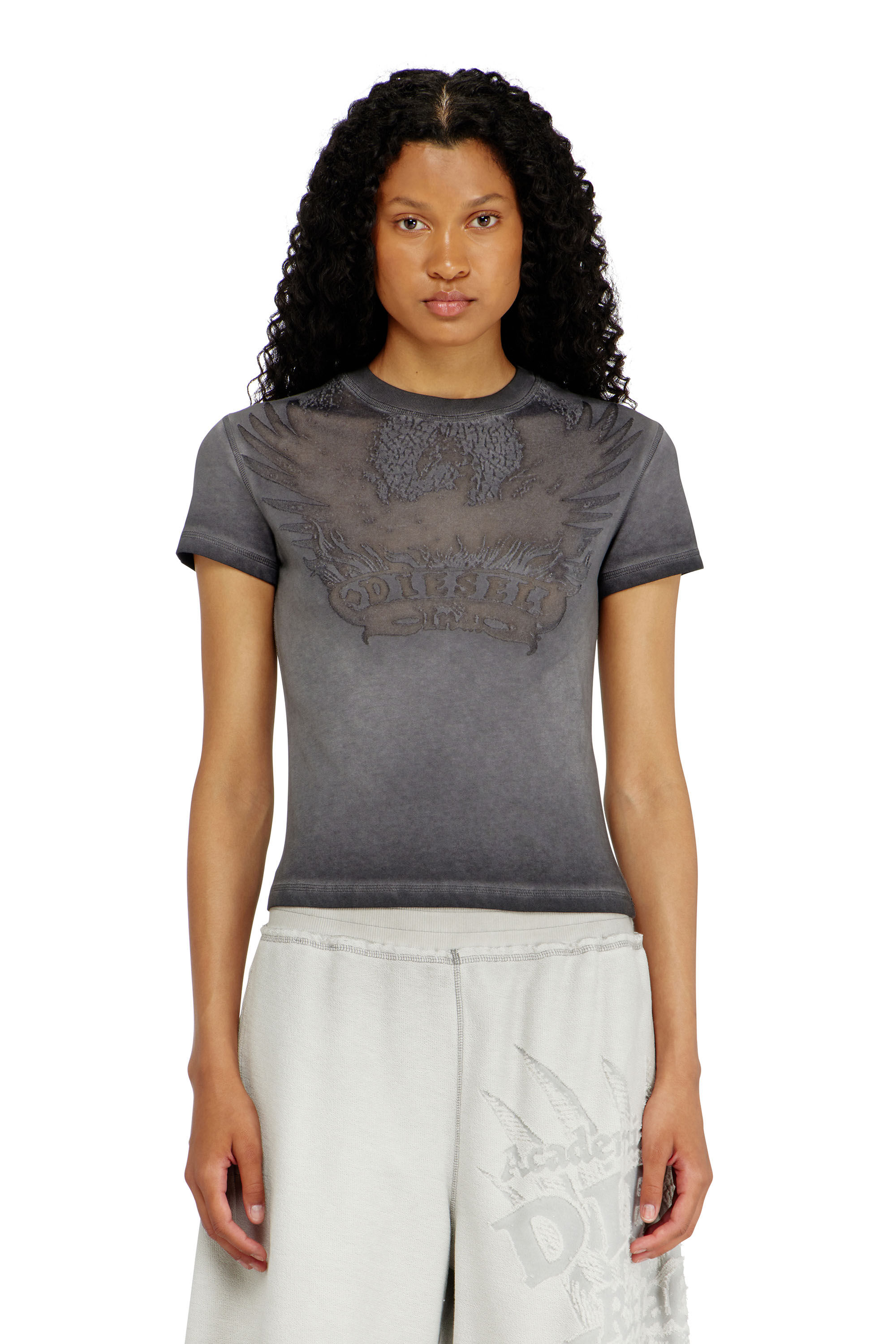 Diesel - T-ILA-AA7, Woman's Slim T-shirt with d&eacute;vor&eacute; Phoenix in Grey - 3
