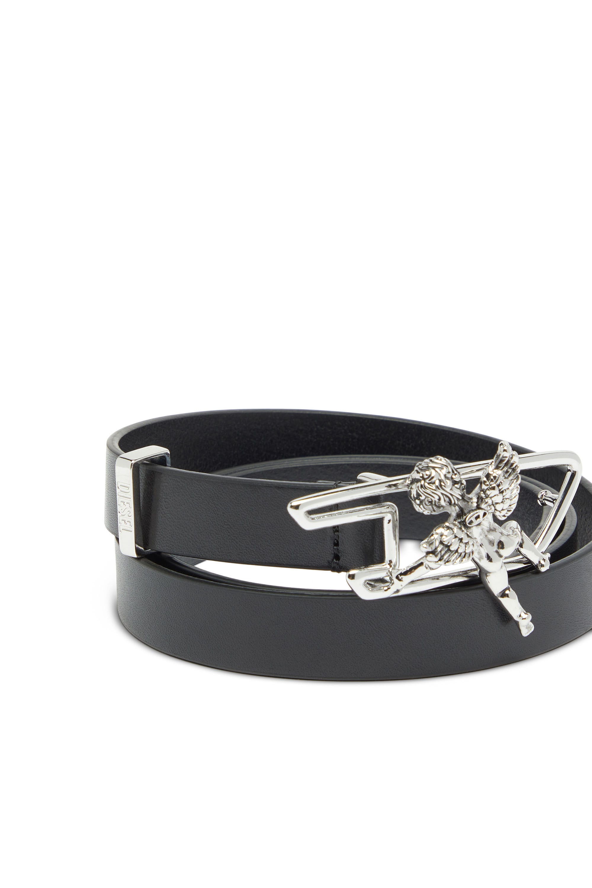 Diesel - B-D LINE W ANGEL 20, Woman's 2cm leather belt with cherub D outline buckle in Black - 3