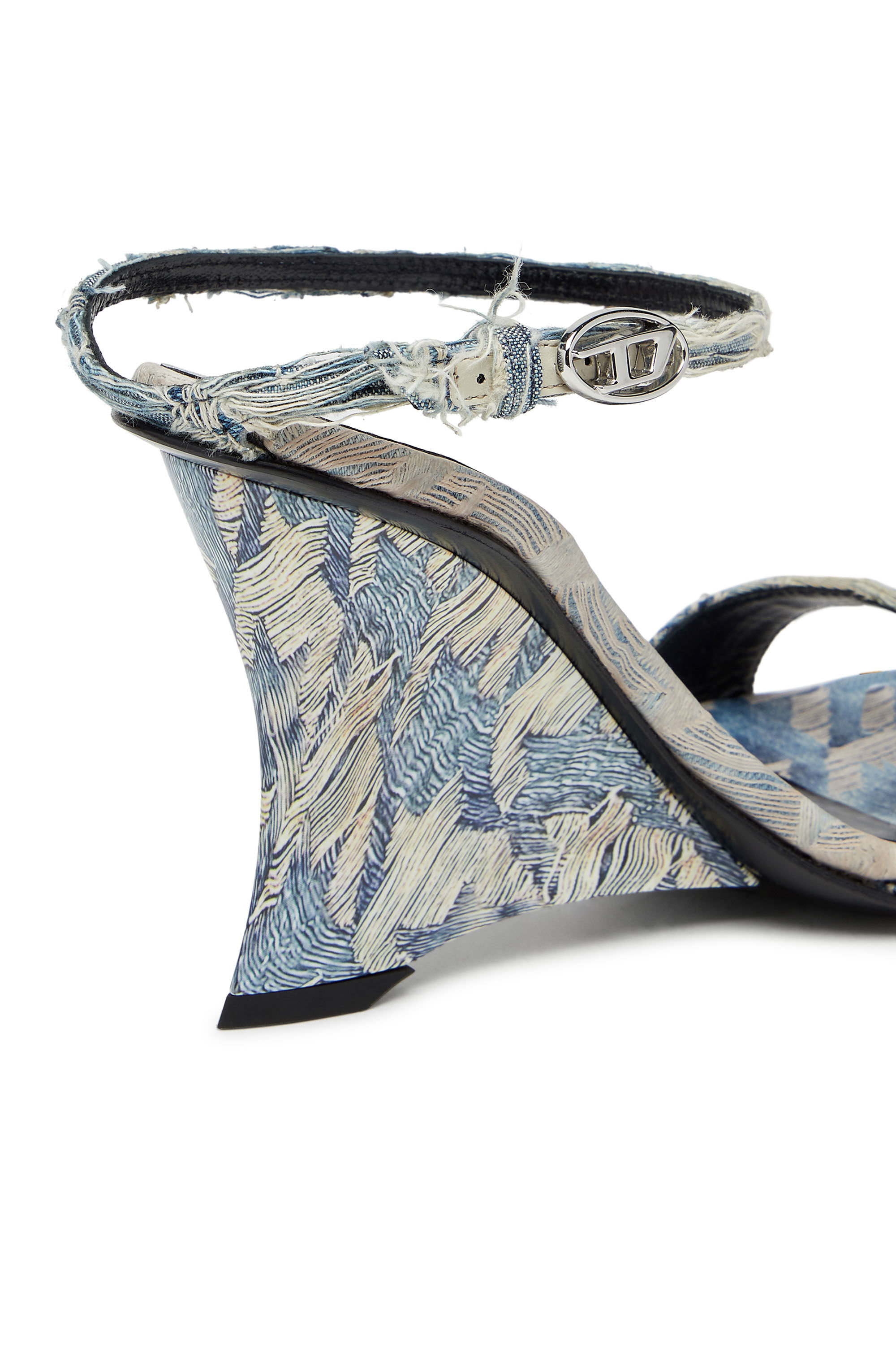 Diesel - D-AMBER SANDAL WEDGE, Woman's D-Amber-Wedge sandals in jacquard denim in Light Blue - 3