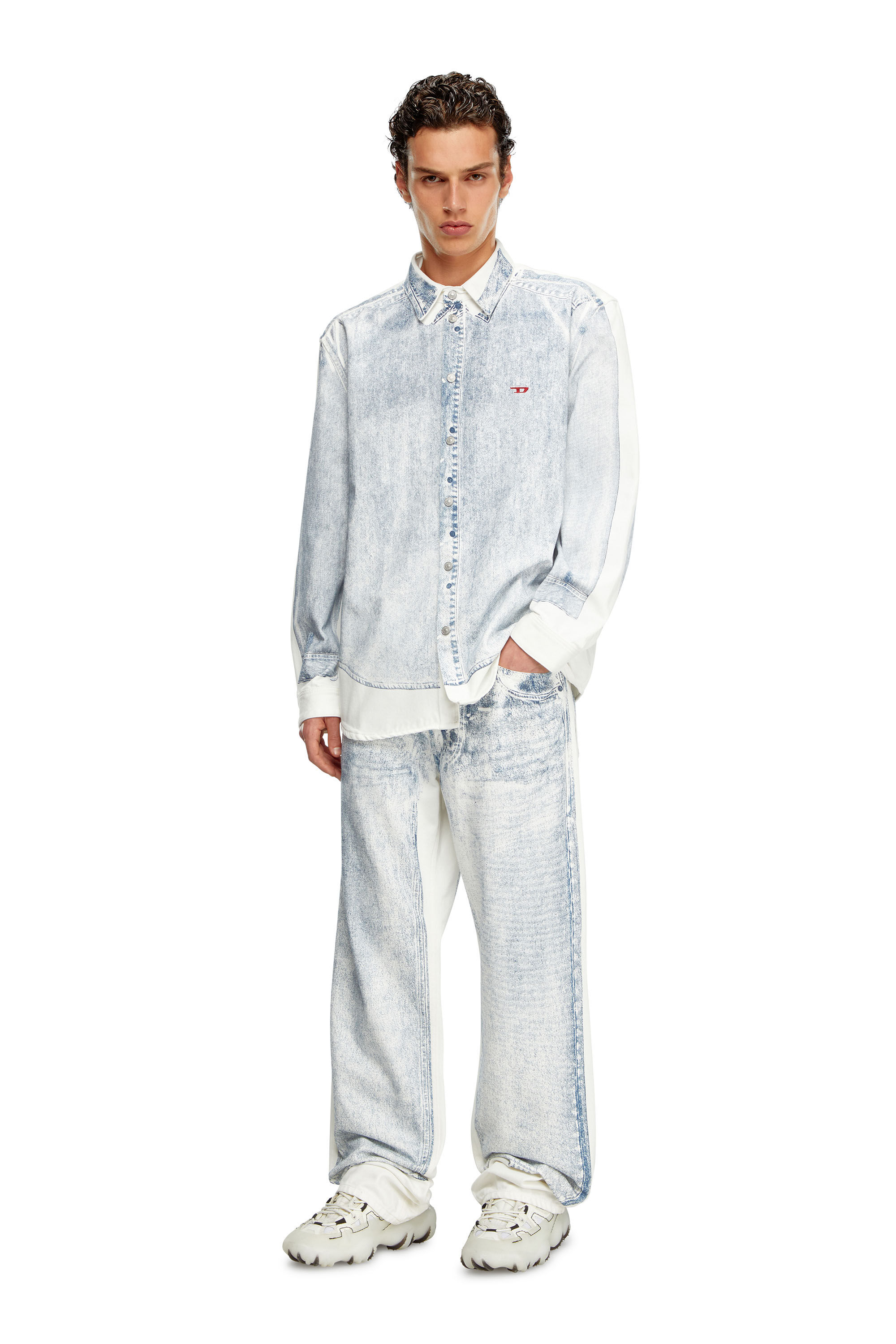 Diesel - D-SIMPLY-OVER-S, Man Denim shirt with trompe l'oeil print in Multicolor - Image 1