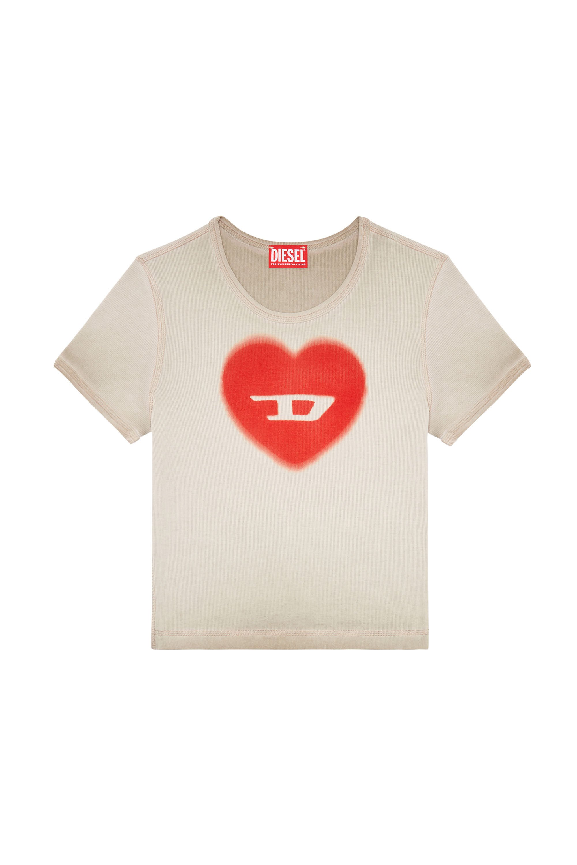 Diesel - T-ELE, Woman Ribbed T-shirt with watercolour heart D in Beige - Image 2