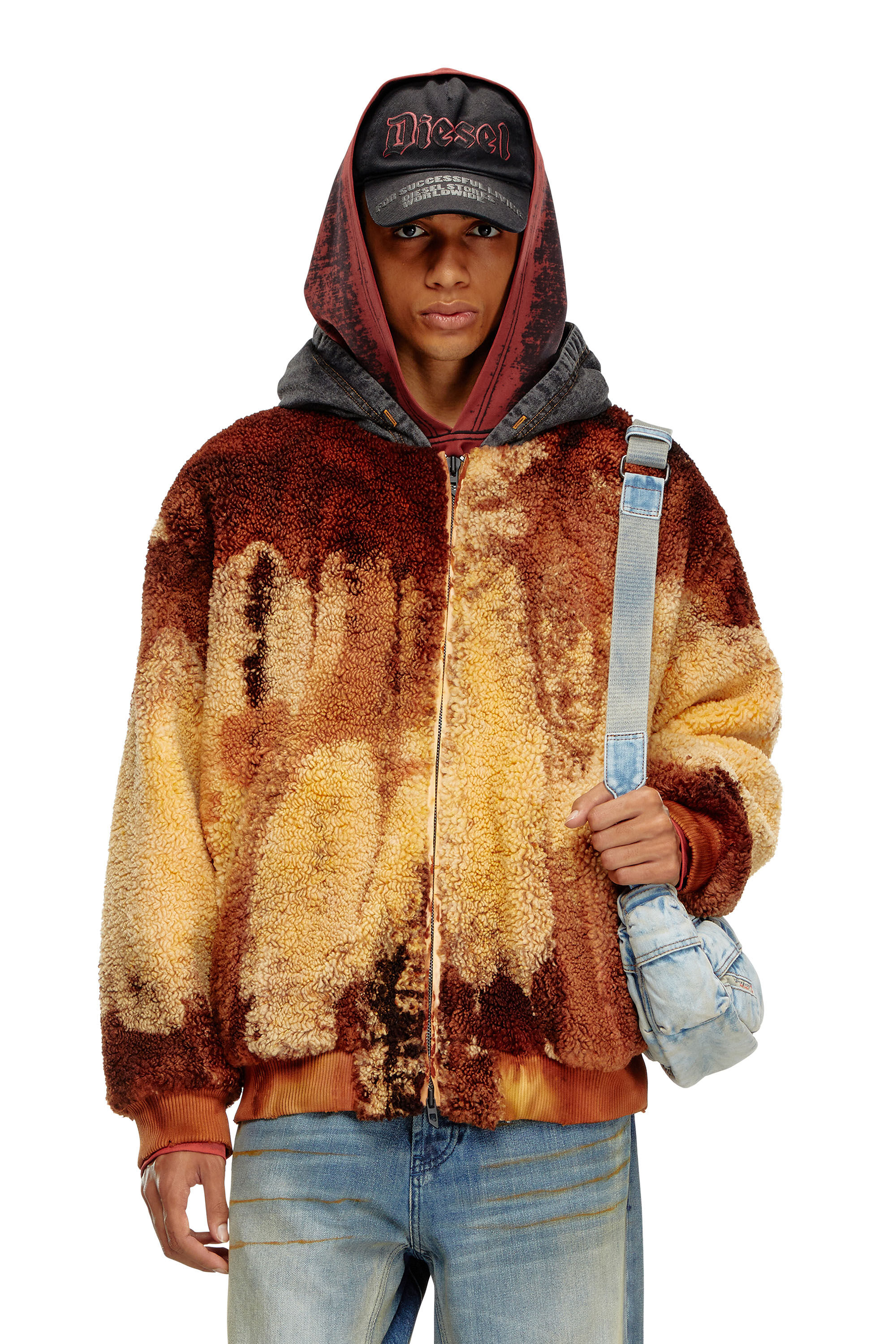 Men s Tie dyed teddy jacket with denim hood Multicolor Diesel