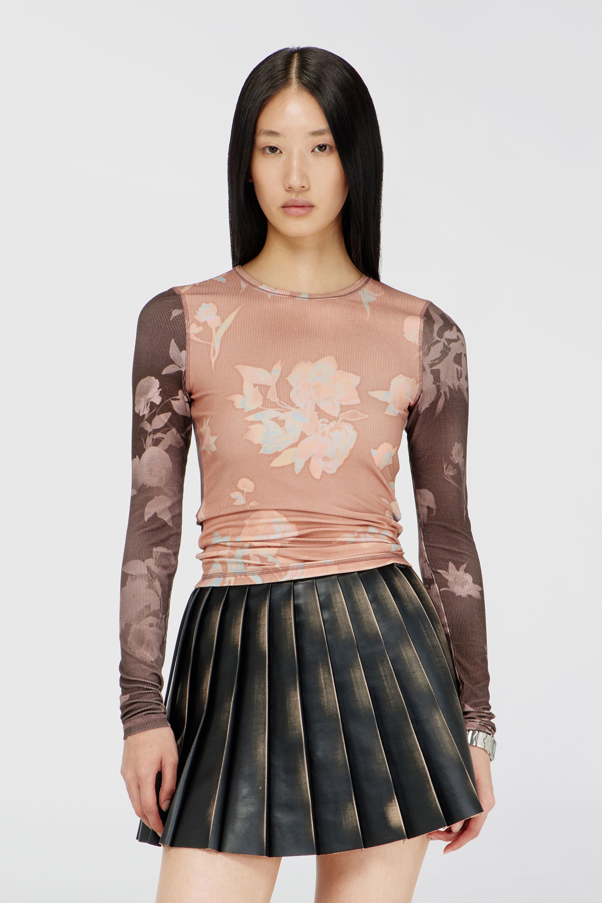 Diesel - T-MOKY-LS, Woman's Top in floral-print ribbed jersey in Pink - 3