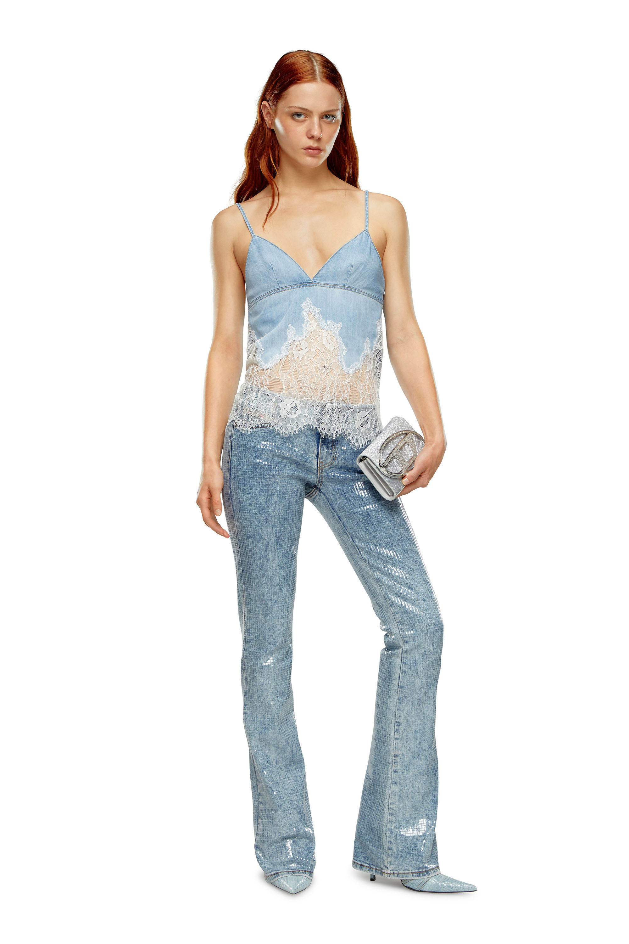 Diesel - DE-MONY-S, Woman Strappy top in denim and lace in Blue - Image 1