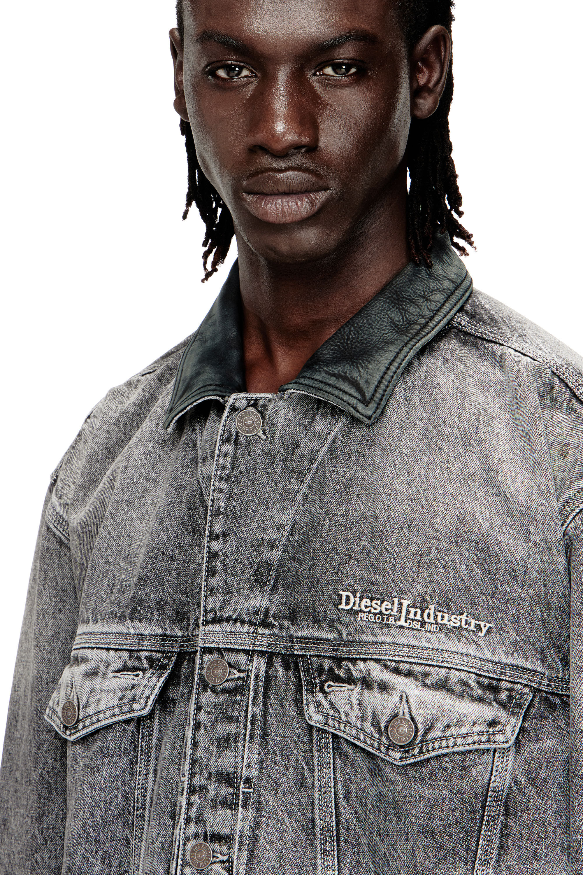 Diesel - D-DENVER-S, Unisex's Denim trucker jacket with tonal leather trims in null - 5