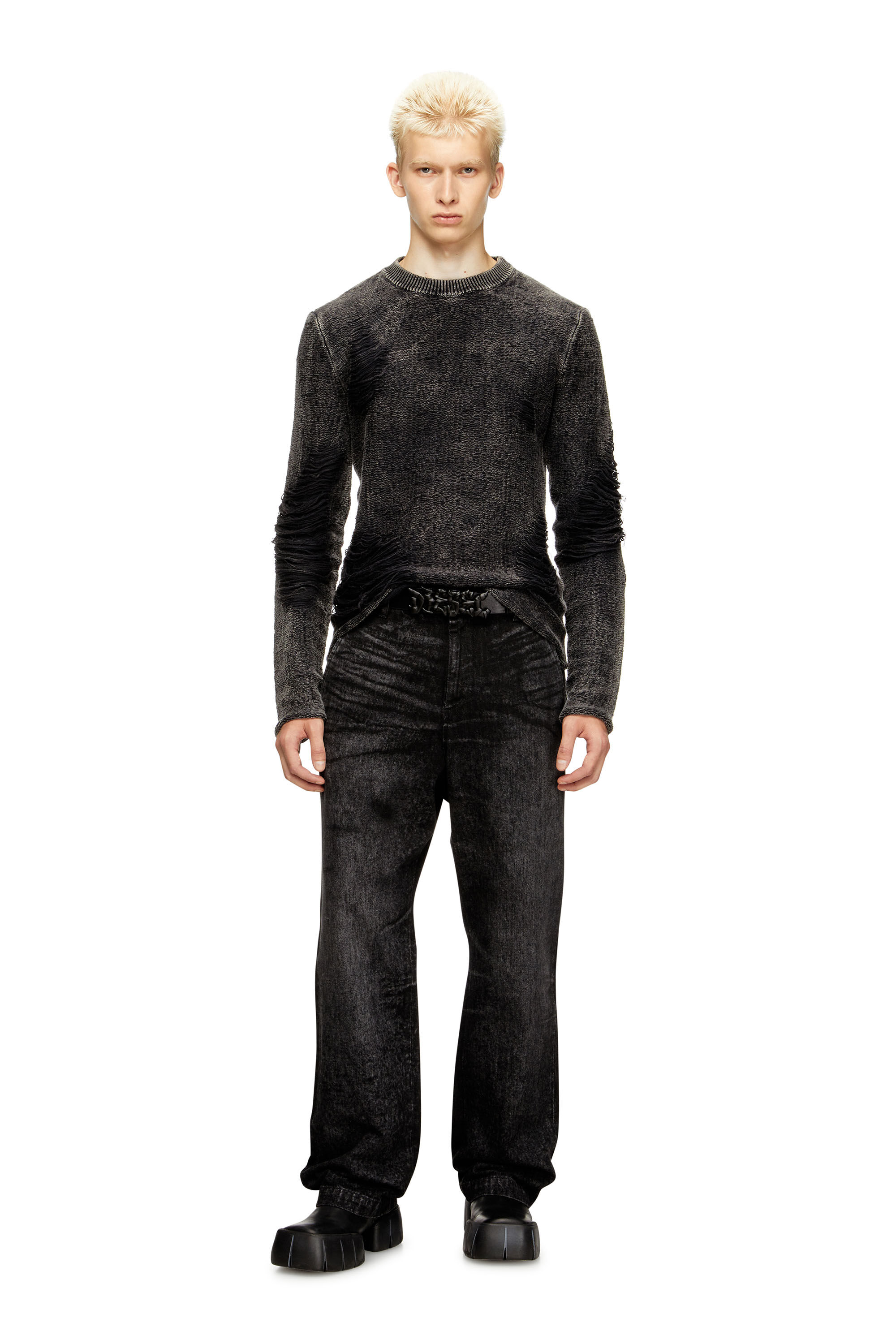 Diesel - K-FJORDI-ROUND, Man's Destroyed jumper with floating yarns in Black - 1