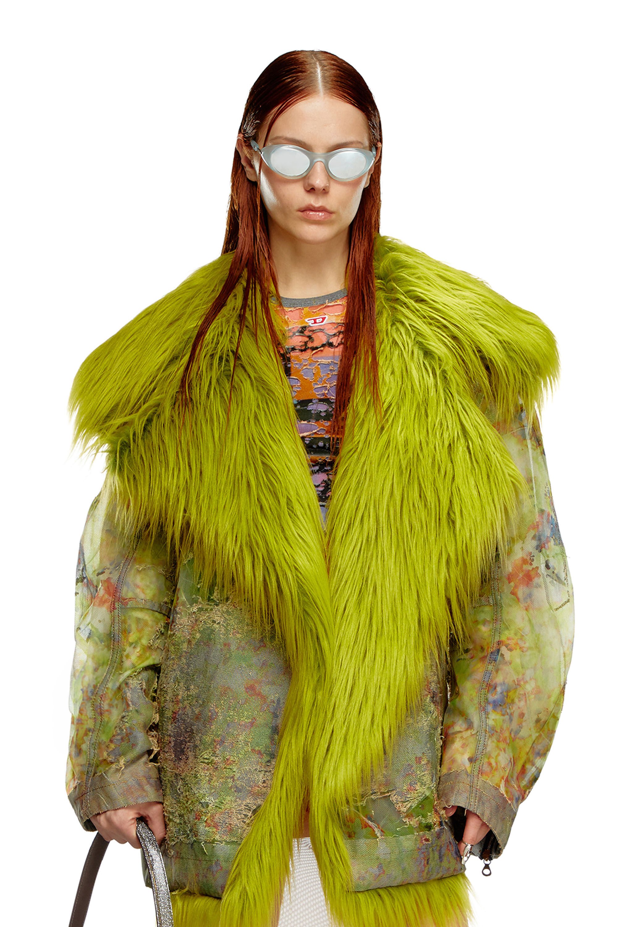 Diesel - DE-BIKA-FSE, Woman Printed devoré jacket with shaggy collar in Green - Image 3