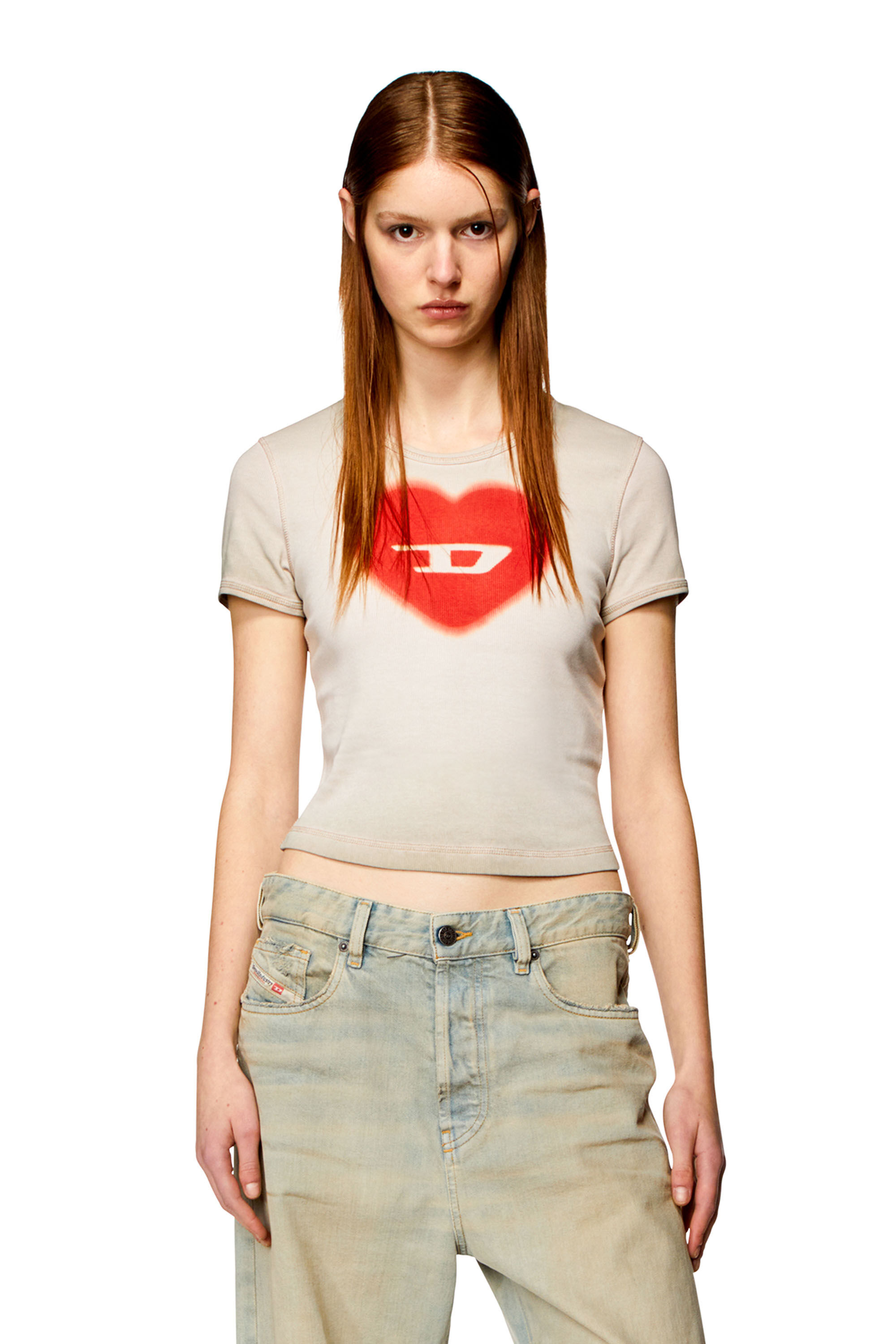 Diesel - T-ELE, Woman Ribbed T-shirt with watercolour heart D in Beige - Image 3