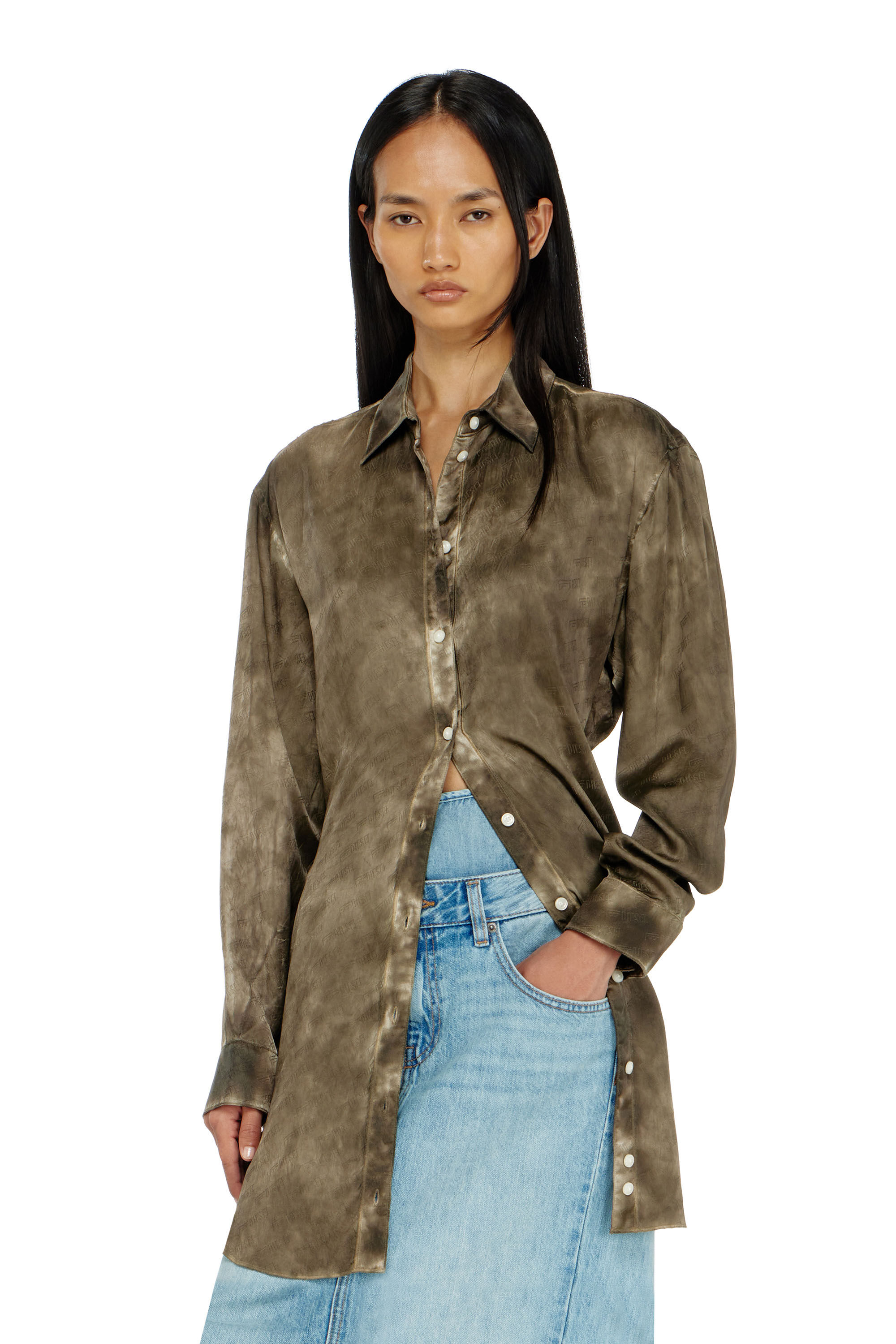 Diesel - C-LAVEL, Woman's Long shirt in logo-jacquard crinkled satin in null - 3
