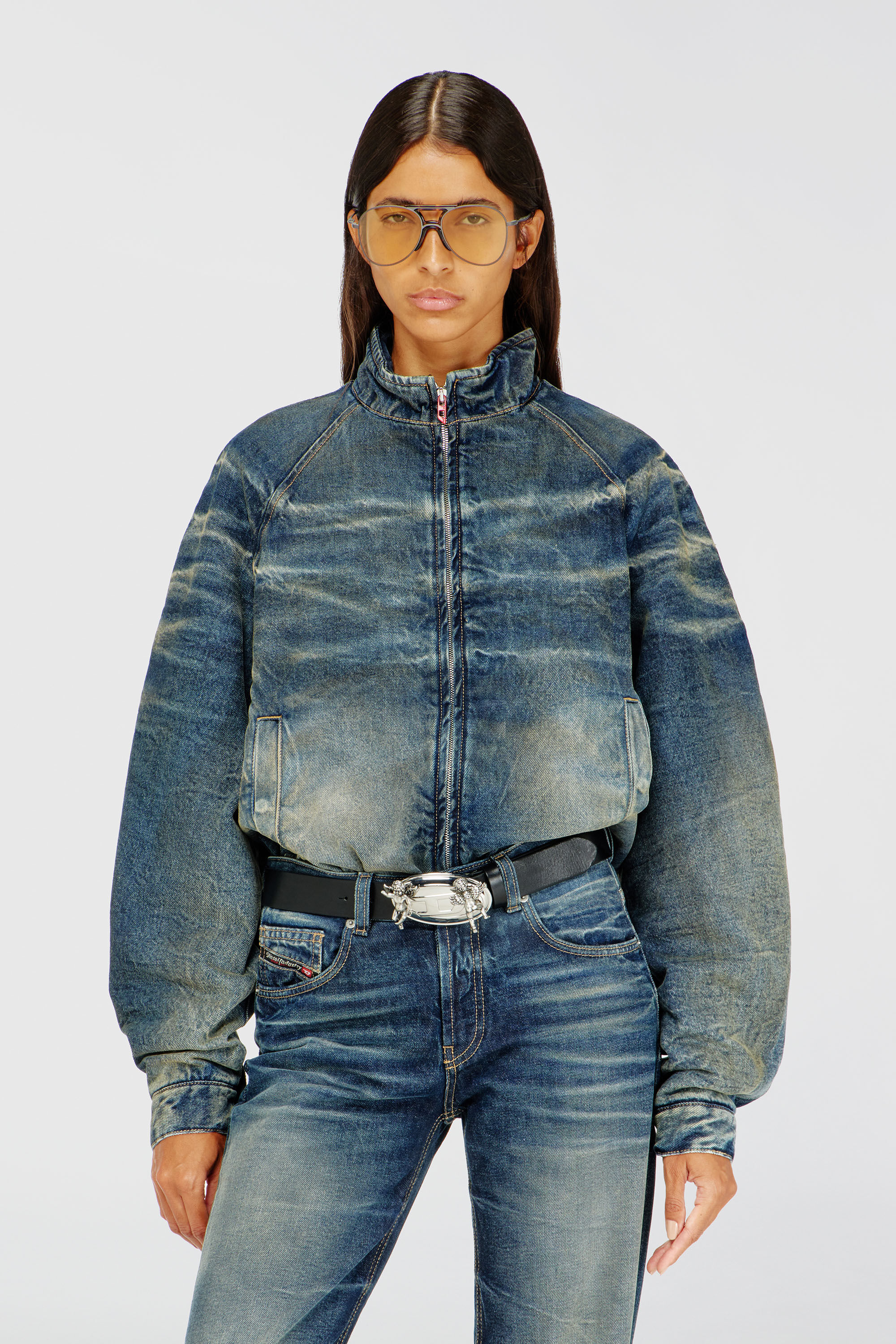 Diesel - DE-BARUS-FSJ1, Woman's Padded jacket in dirty-effect creased denim in Medium blue - 3