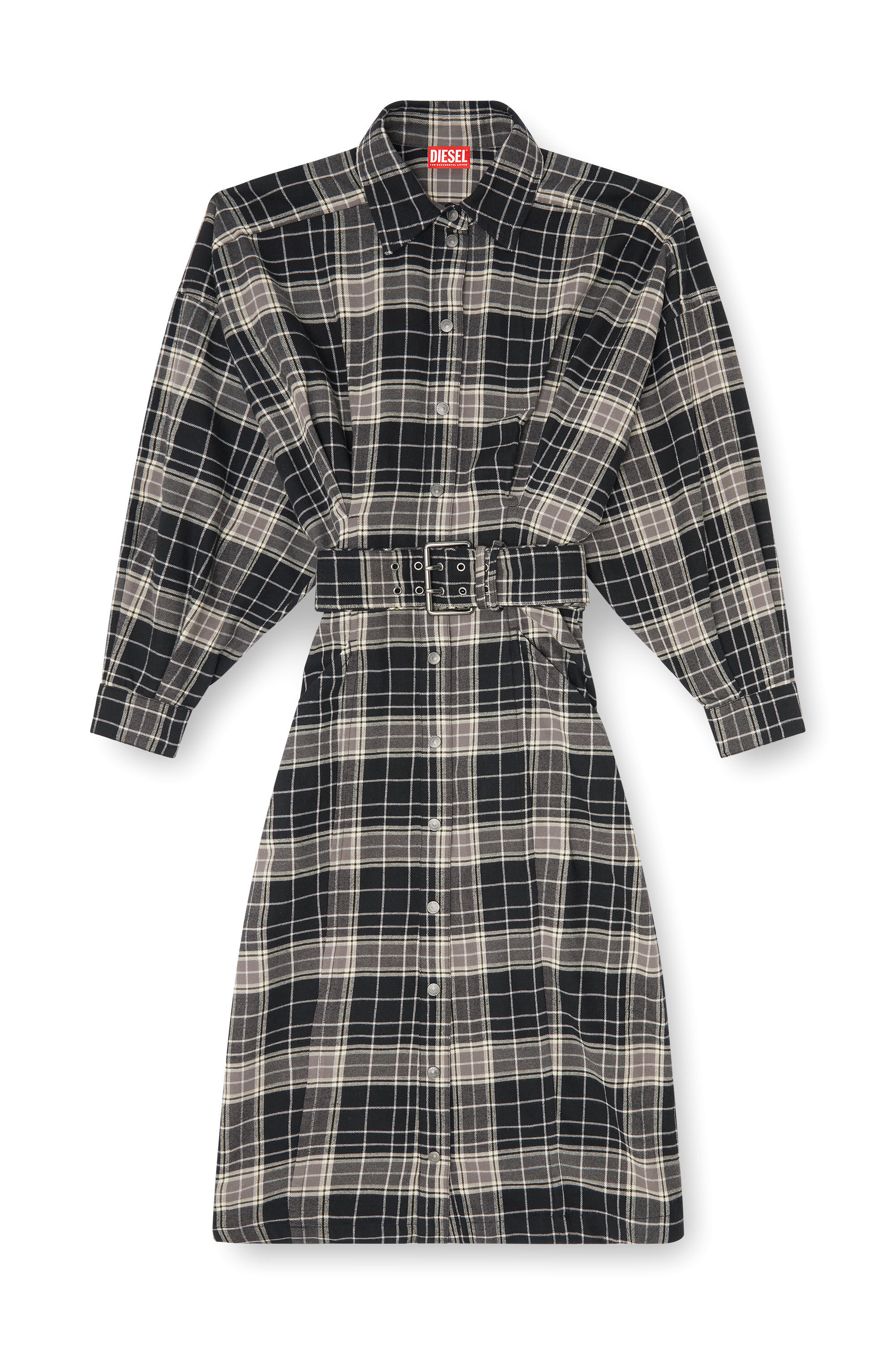 Diesel - D-EDALUS, Woman's Midi dress in check flannel with wide belt in Grey/Black - 2
