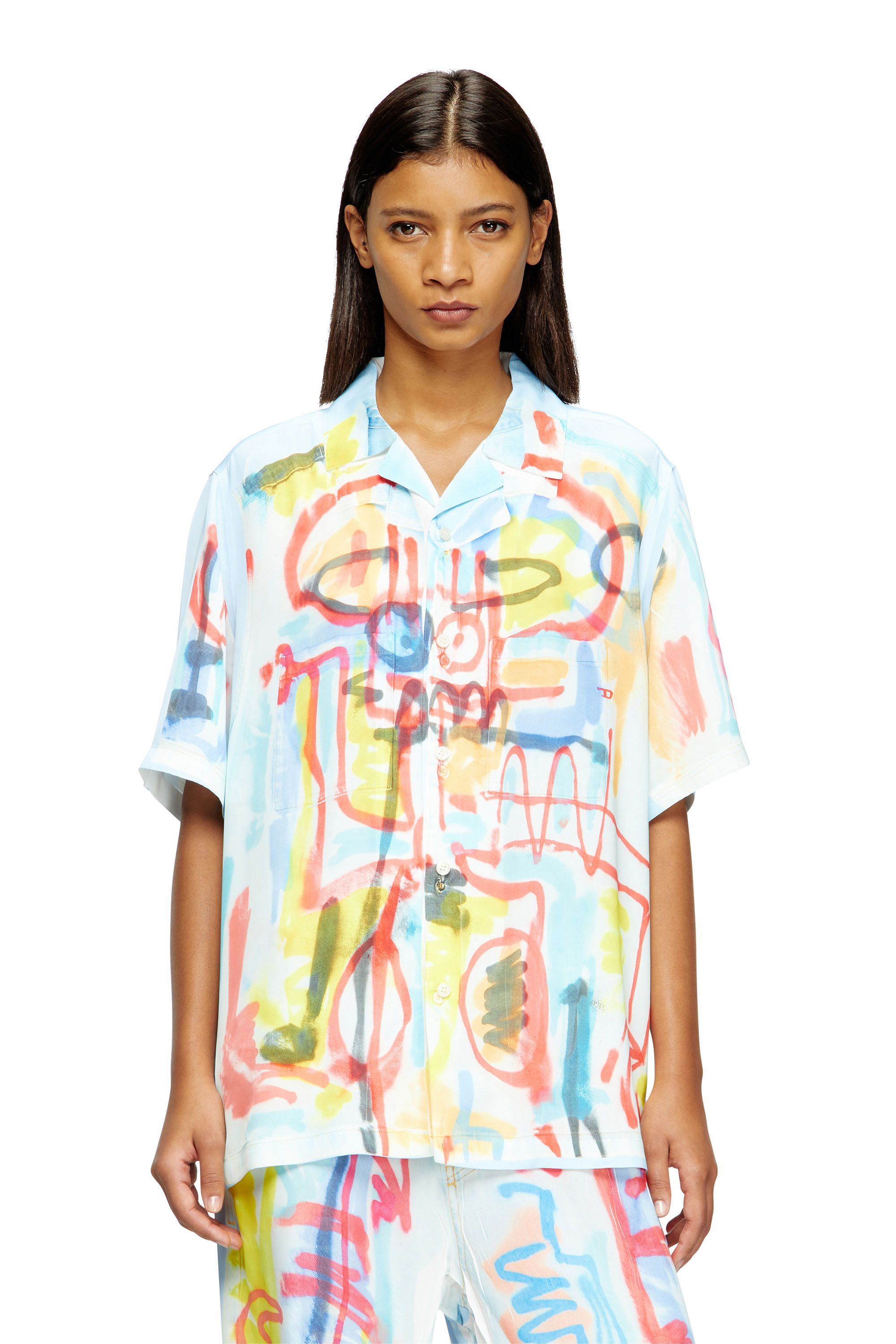 Diesel - C-PAROSHORT-GRAFFITI-AFR, Unisex's Satin bowling shirt with graffiti print in Light Blue - 5