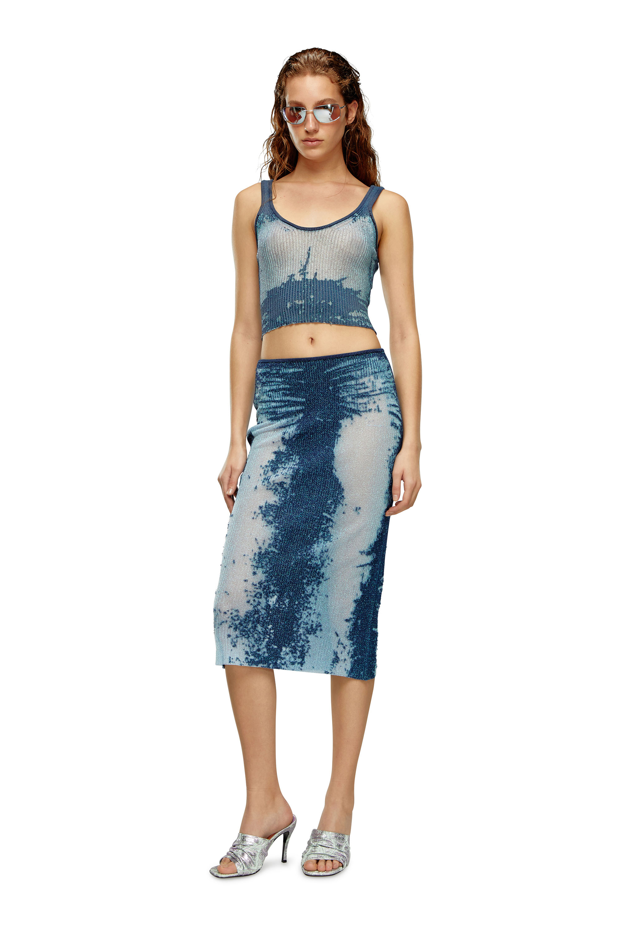Diesel - M-BEGONIA, Woman Midi skirt in devoré metallic knit in Blue - Image 2