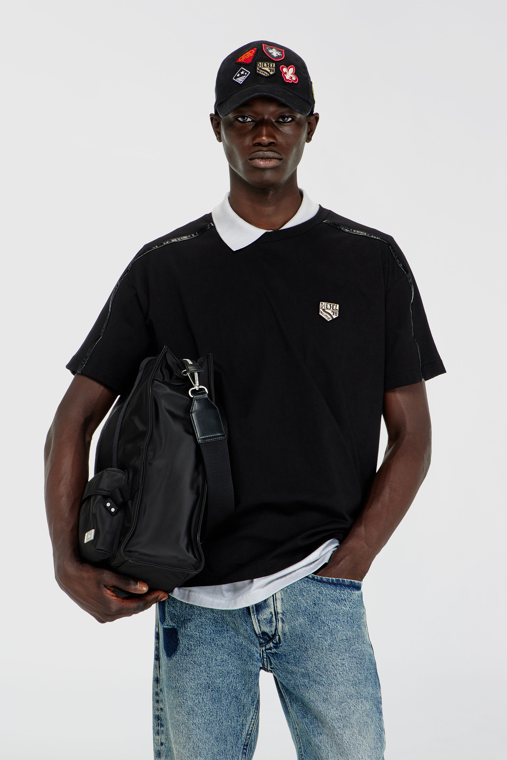Diesel - T-NORM-FL, Man's T-shirt with contrast trims and logo patch in Black - 1