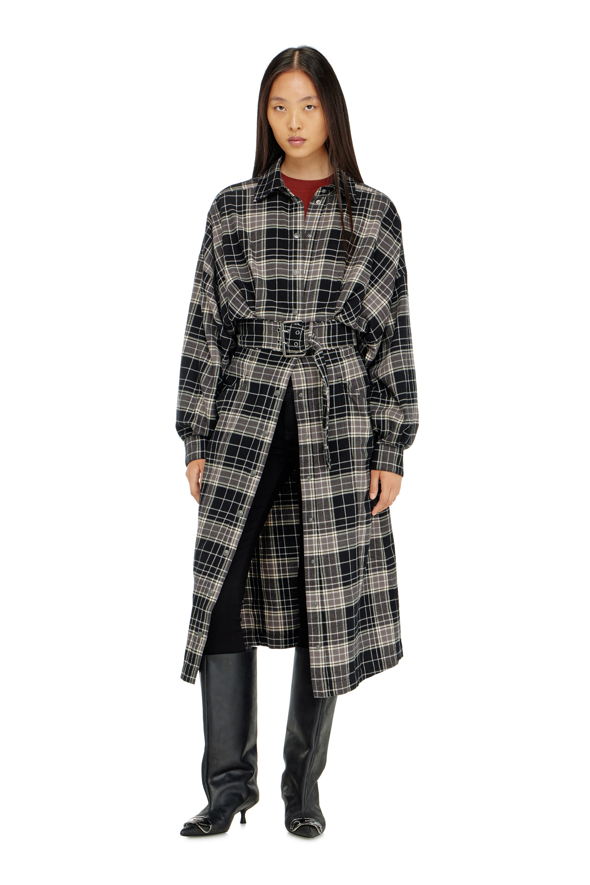 Diesel - D-EDALUS, Woman's Midi dress in check flannel with wide belt in Grey/Black - 3
