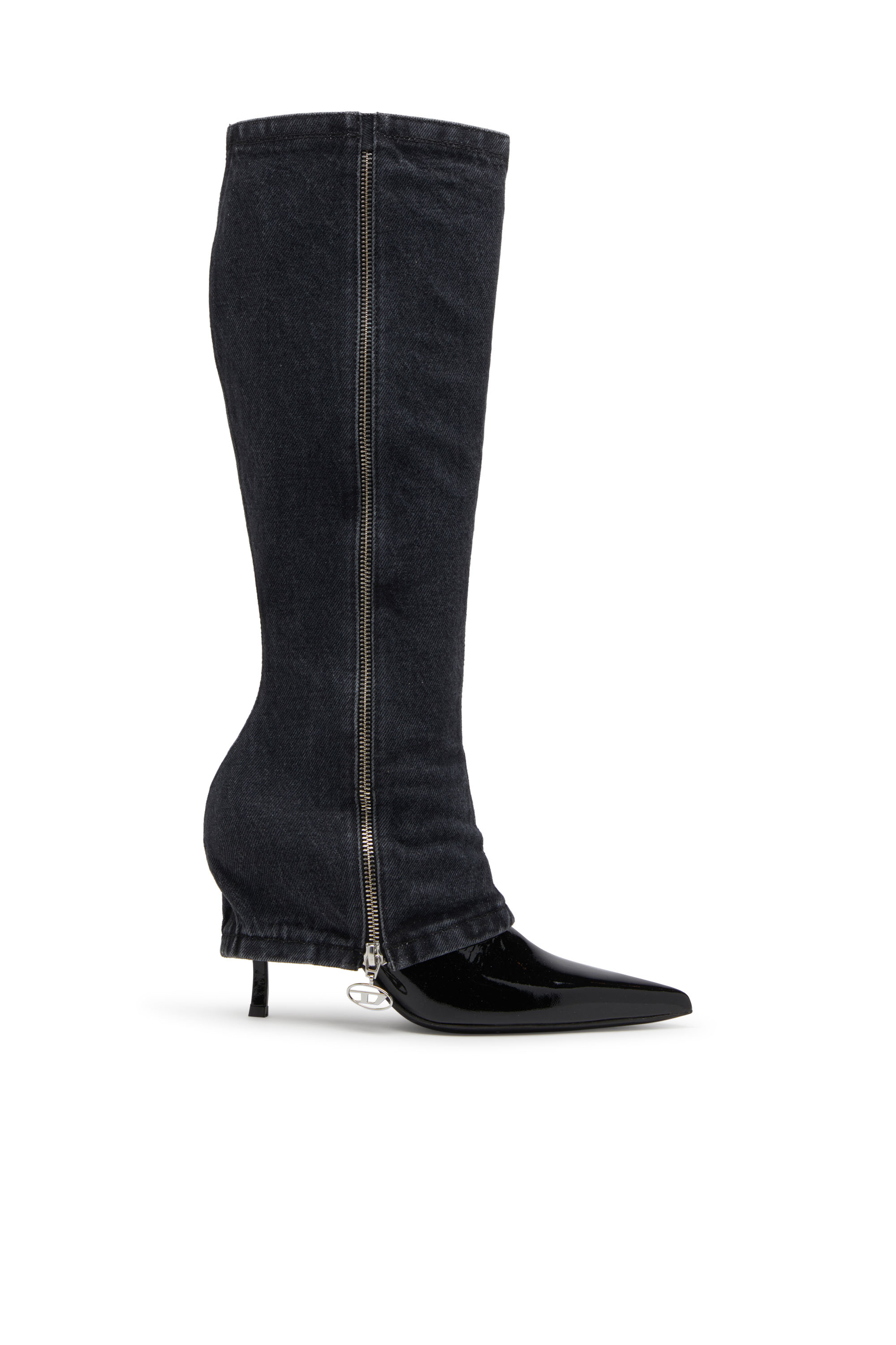 Diesel - D-VENUS TWISTED BOOT, Woman's D-Venus-Stiletto knee boots with jean trompe l'oeil in Black - 1
