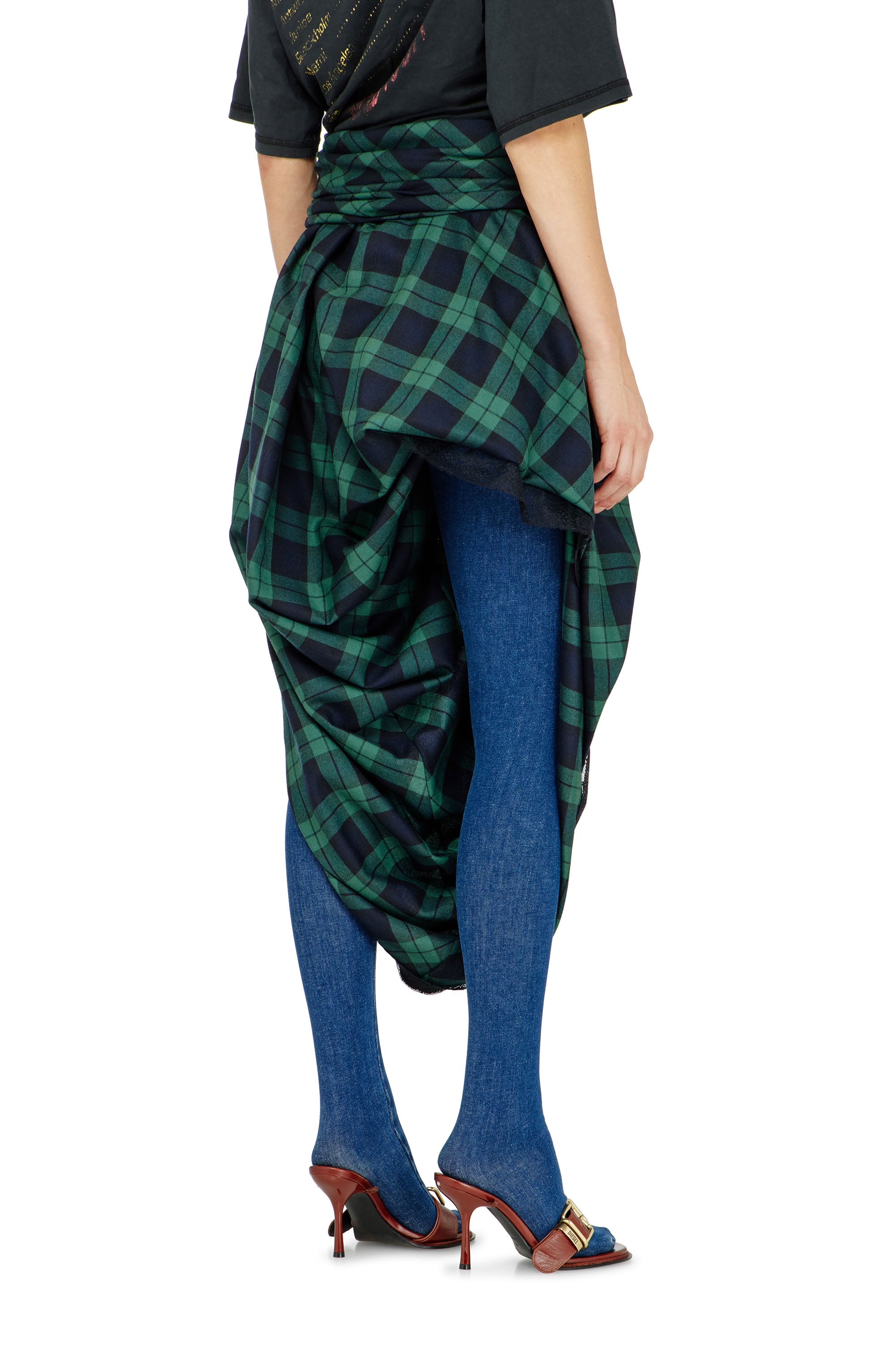 Diesel - O-WINNY, Woman's Draped tartan midi skirt with lace trim in null - 3