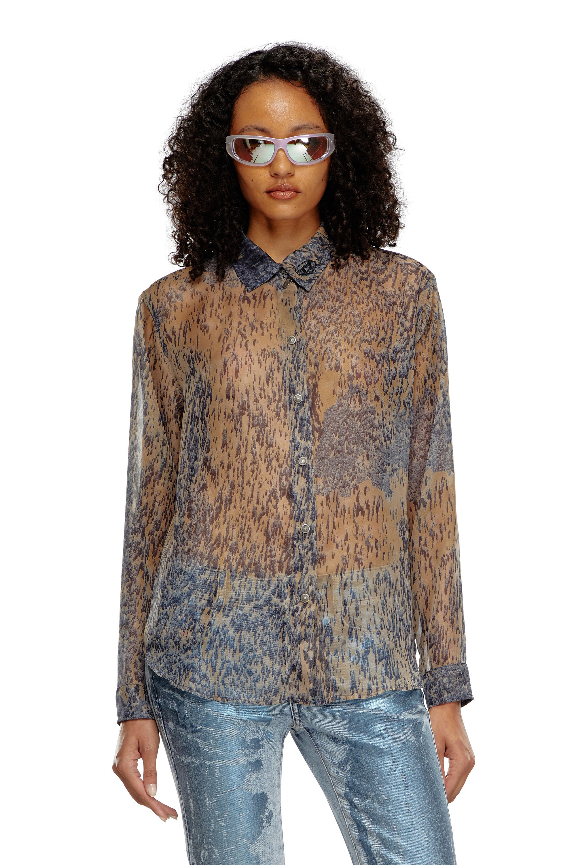 Diesel - C-OSMOS, Woman's Sheer shirt in printed chiffon in Beige/Grey - 1