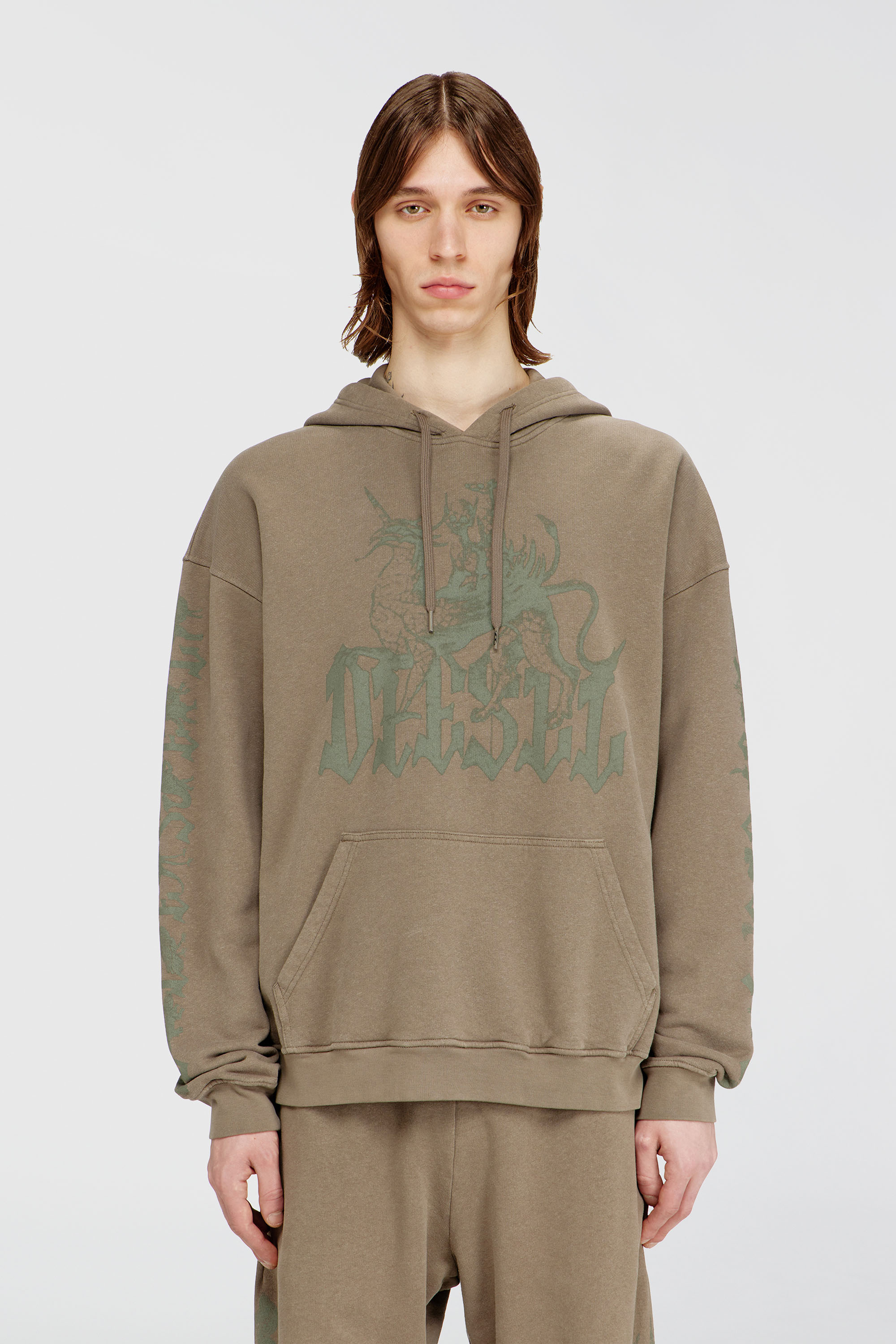 Diesel - S-GRIFFON, Man's Treated hoodie with griffin print in Light Brown - 1