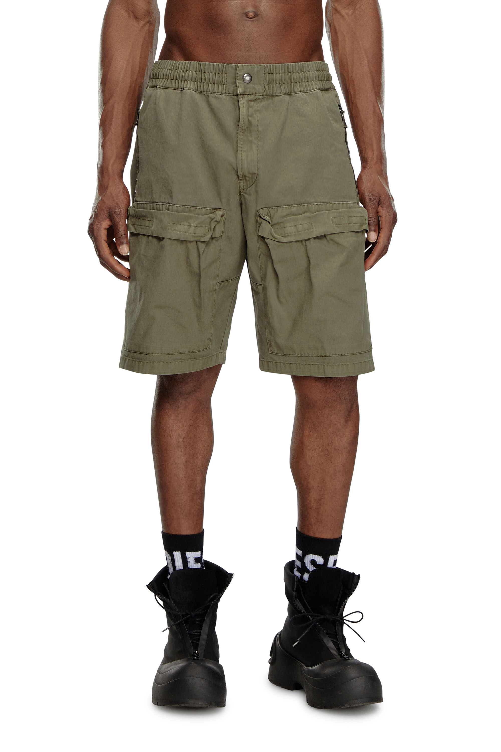 Diesel - P-BEECK-SHORT, Man's Cargo shorts in faded organic cotton in Green - 1