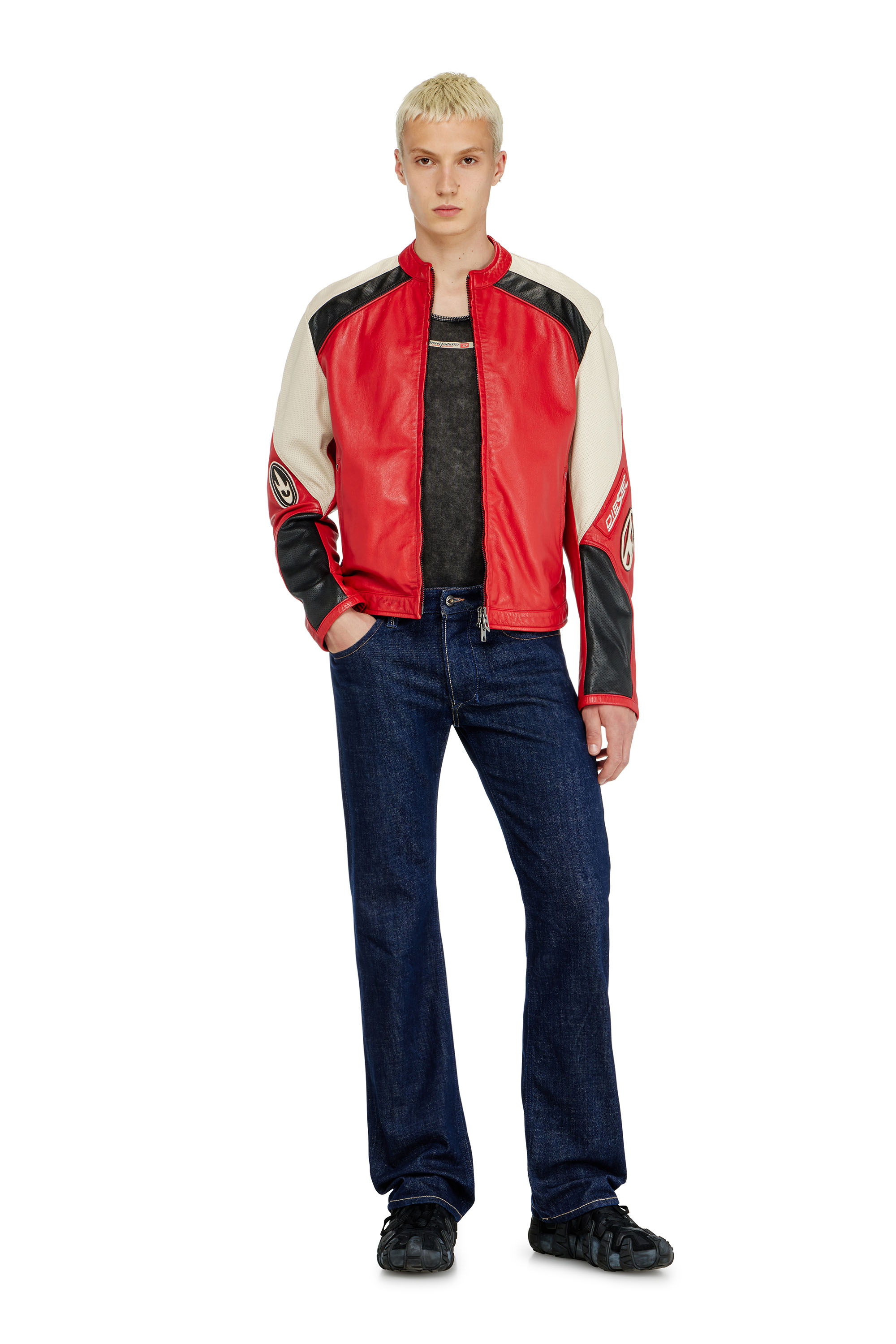 Diesel - L-AHTI, Man's Biker jacket in colour-block perforated leather in Beige/Red - 1