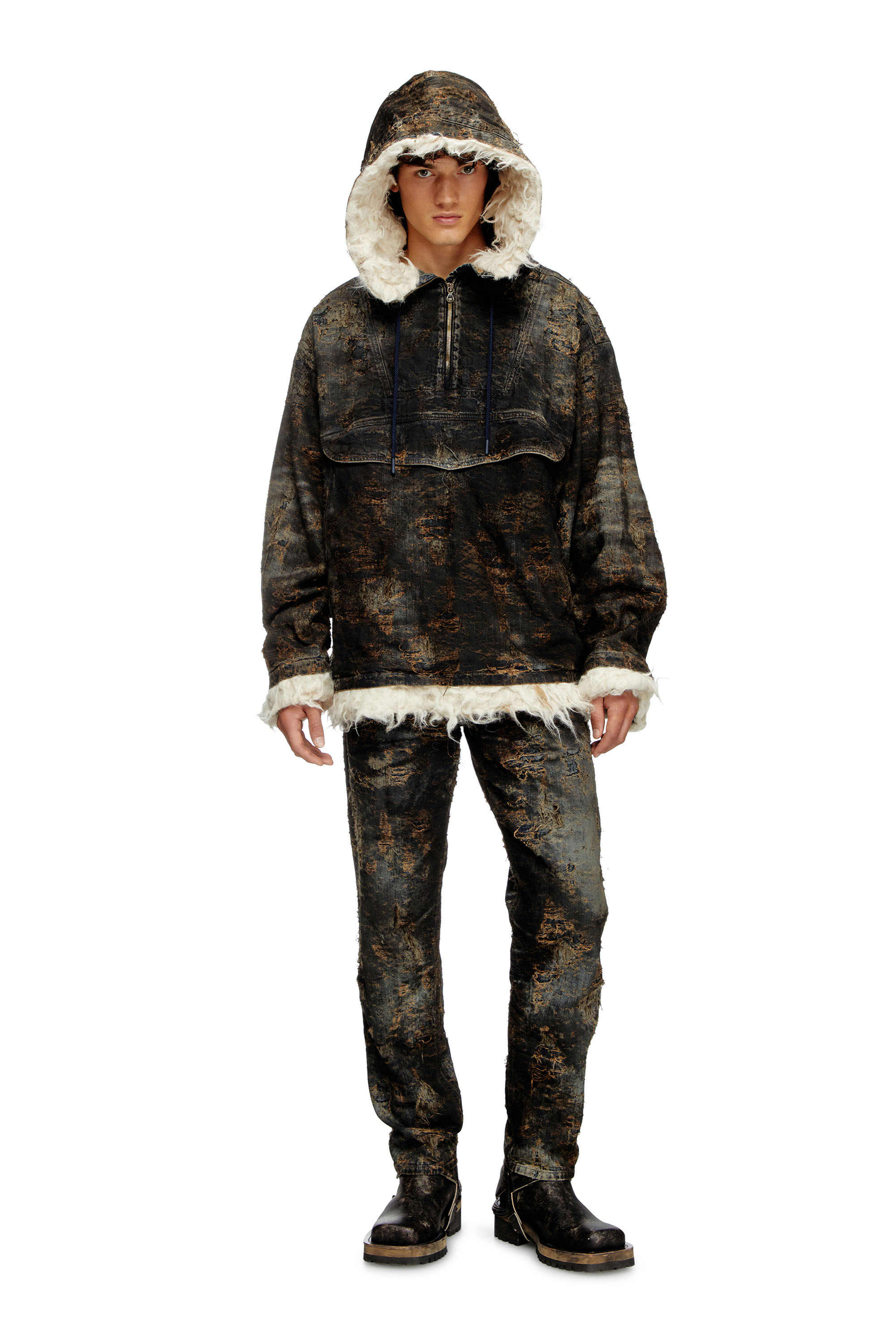 Diesel - D-ARAK-FSF, Unisex's Anorak in coated jacquard denim in Black/Brown - 1