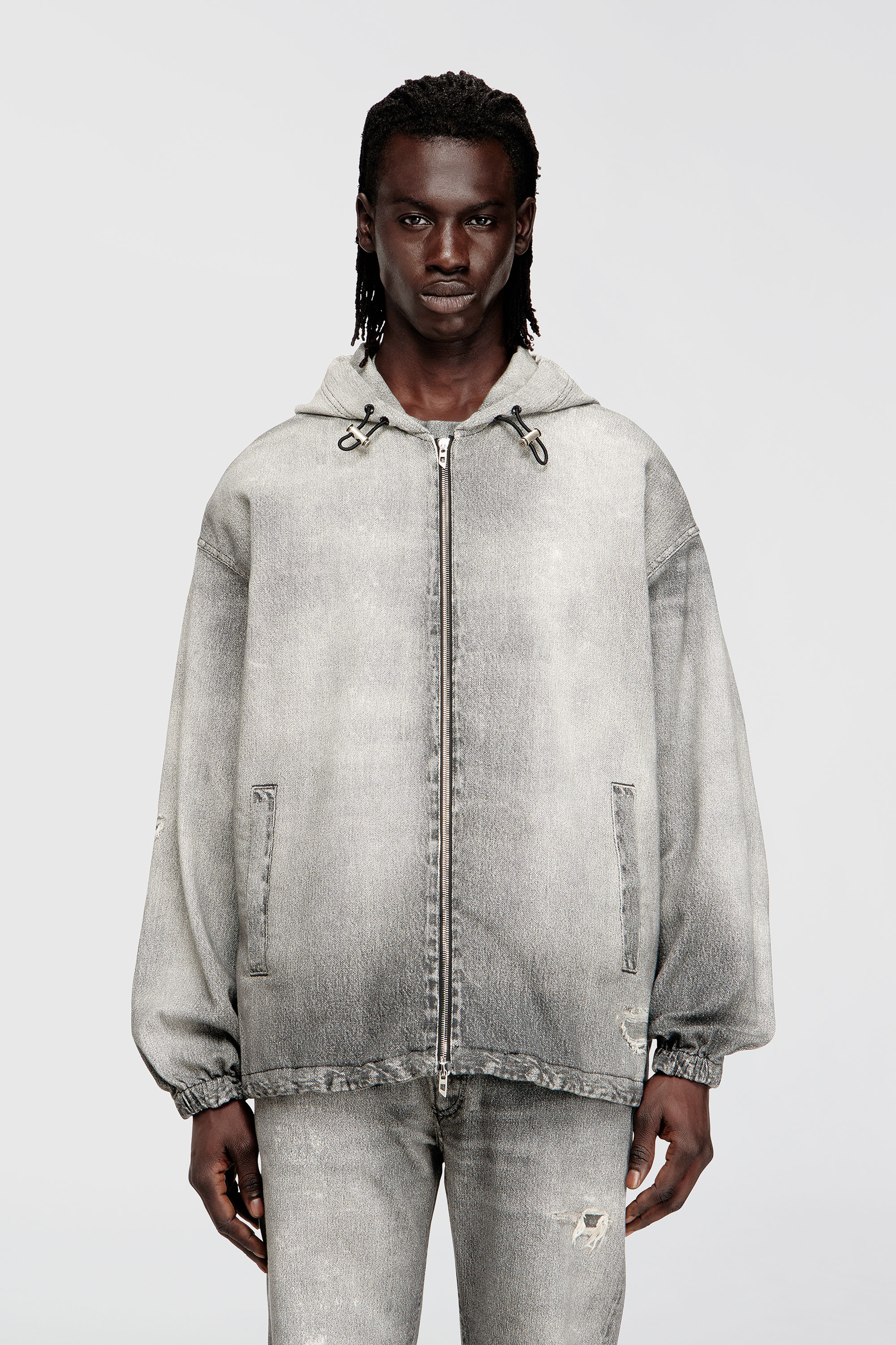 Diesel - D-WYNNY JOGG, Man's Hooded jacket in trompe l'oeil JoggJeans in Grey - 1