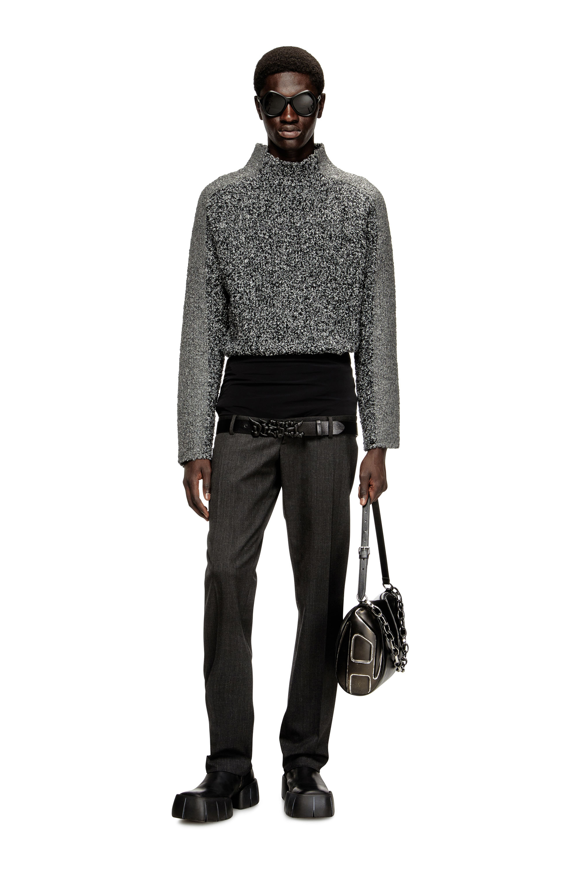 Diesel - K-ERLAND, Man's Bouclé-knit jumper with sleeve bands in Black - 2