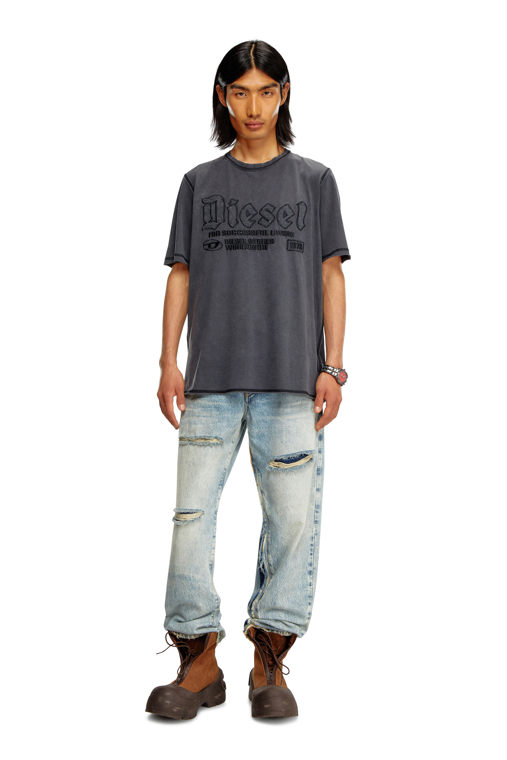 Diesel - T-RAWJUST, Man Faded T-shirt with tonal embroidery in Black - Image 3